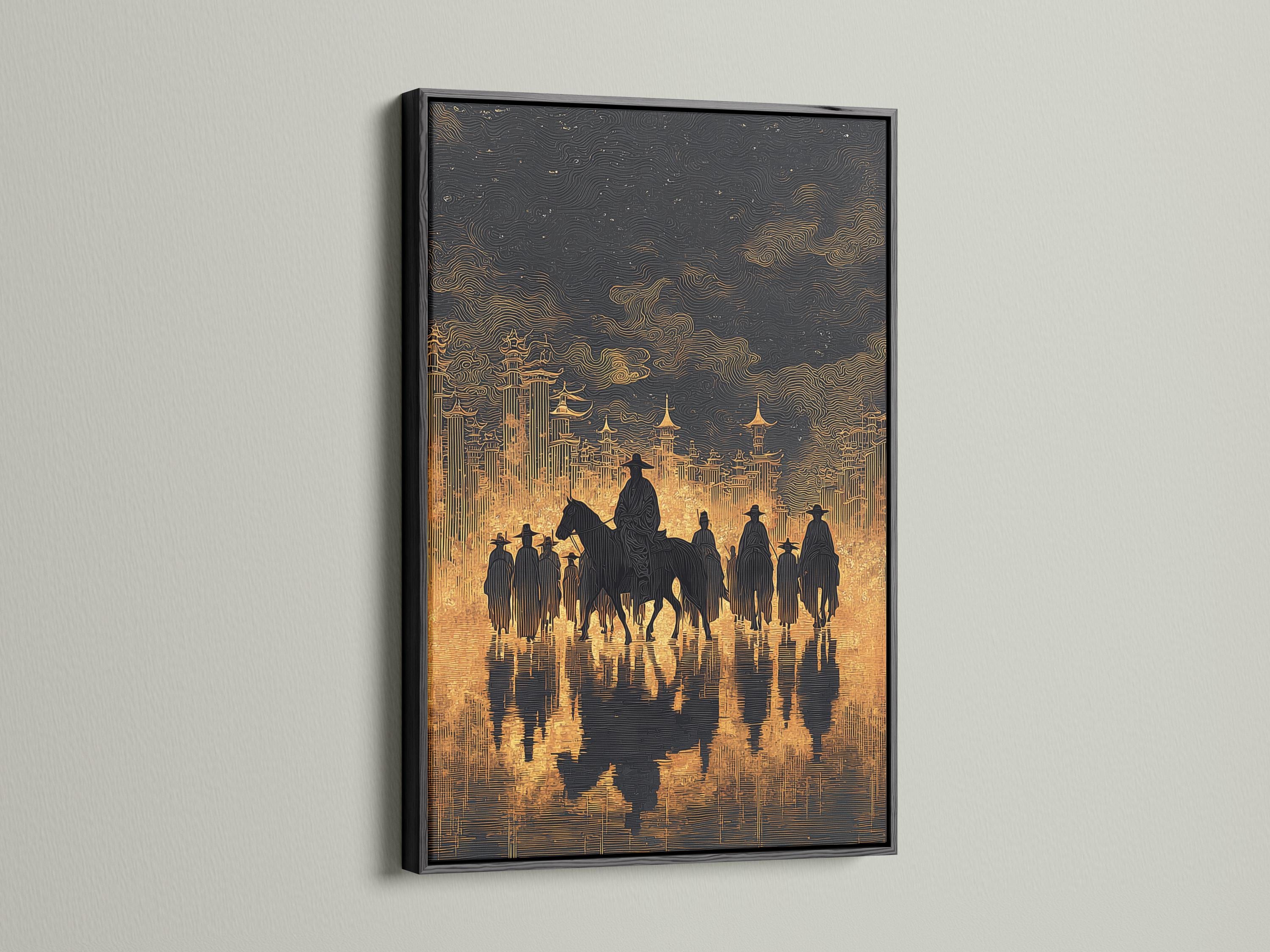 Cowboy riders on horseback in dark silhouettes with a black and gold skyline backdrop detail view