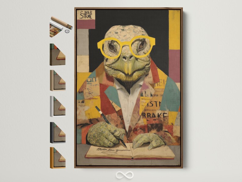 Collage-style turtle wearing yellow round glasses at an open book with patchwork background