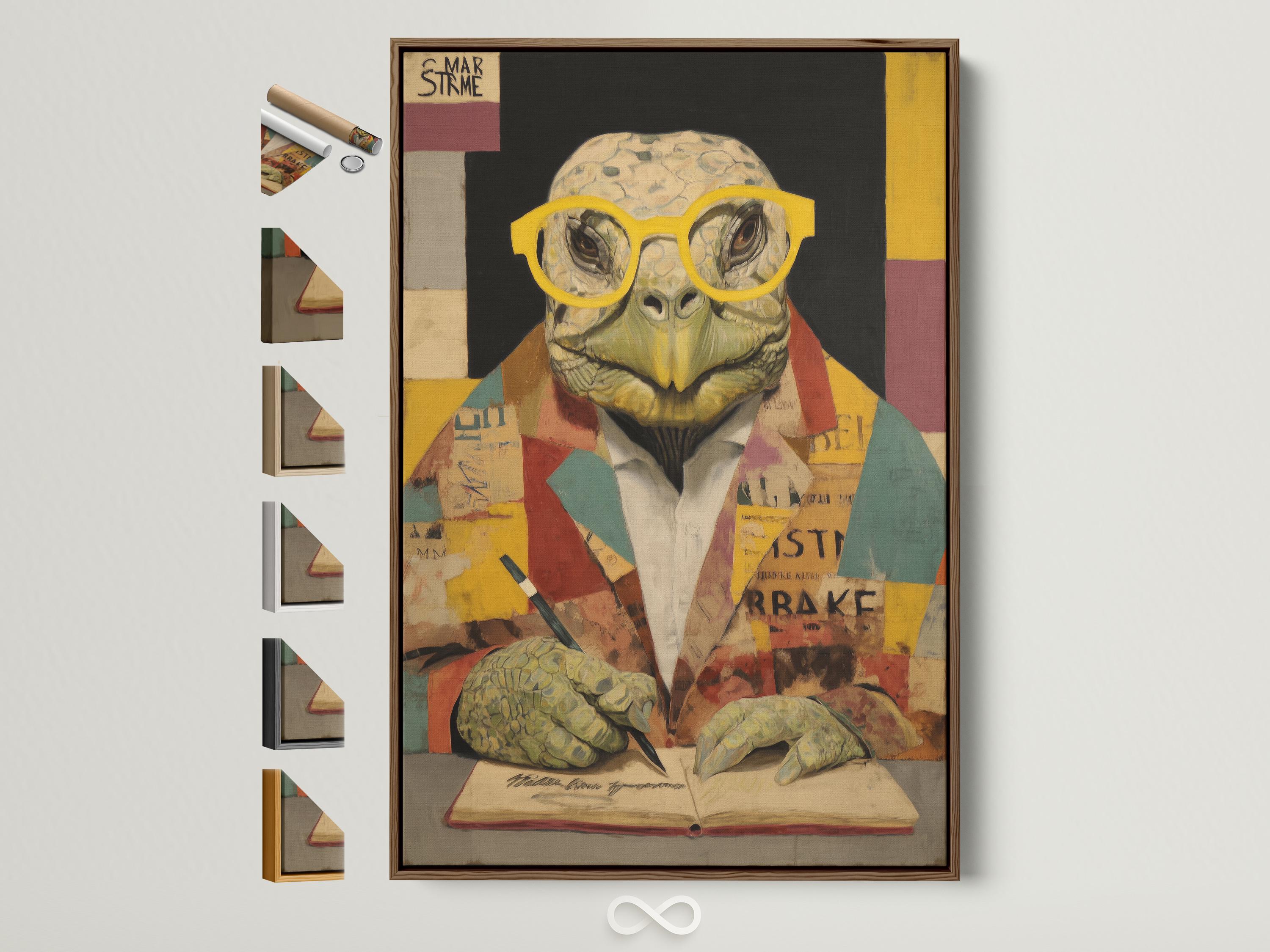 Collage-style turtle wearing yellow round glasses at an open book with patchwork background