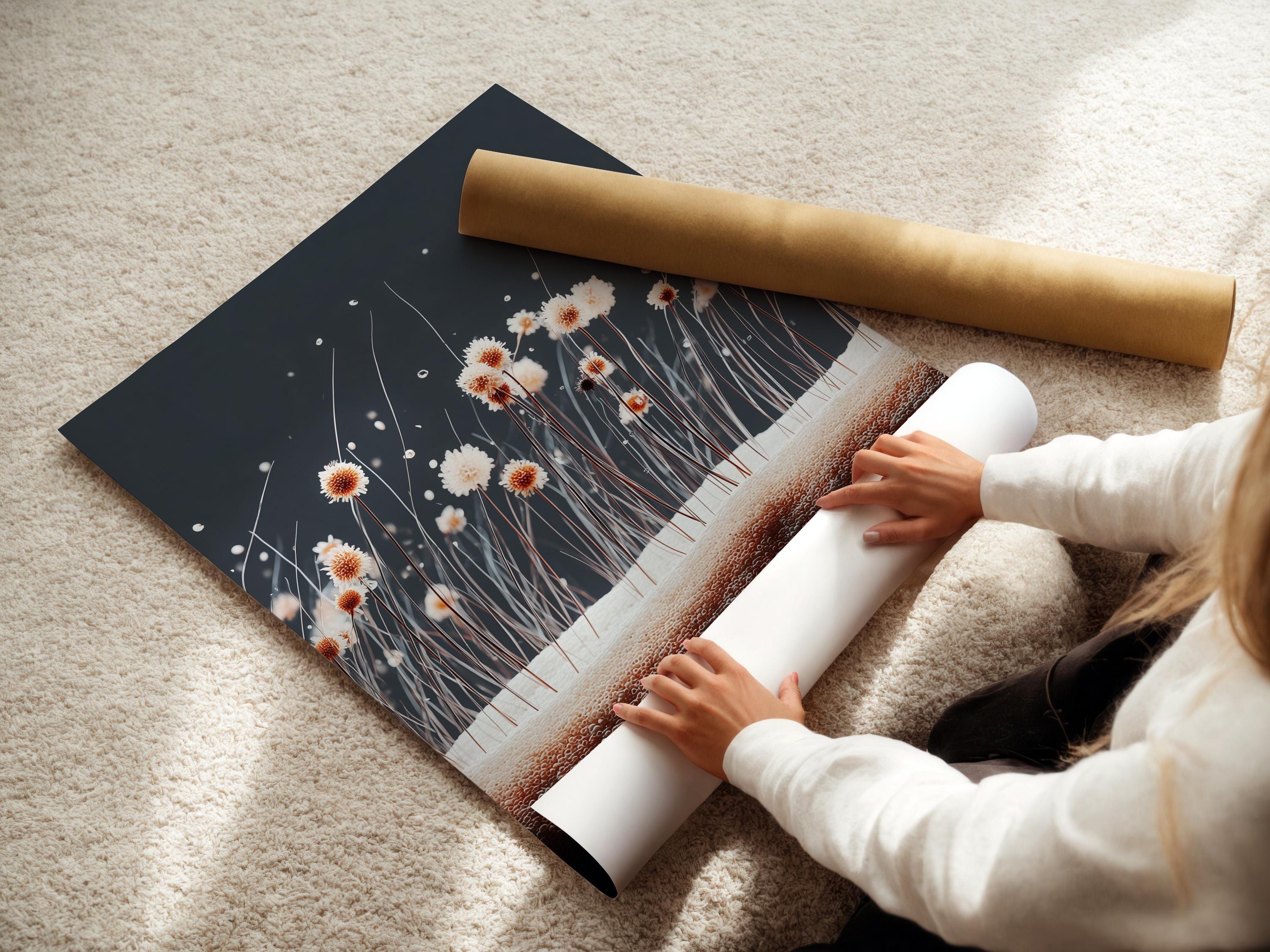 Room mockup showing a framed botanical dandelion-like blossom artwork