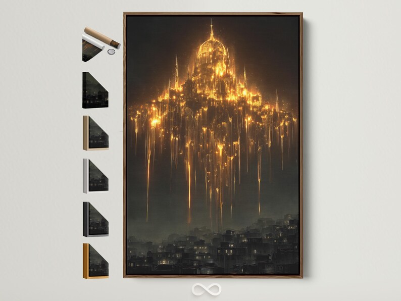 Glowing golden cathedral-like tower above a dark city skyline with cascading light streaks