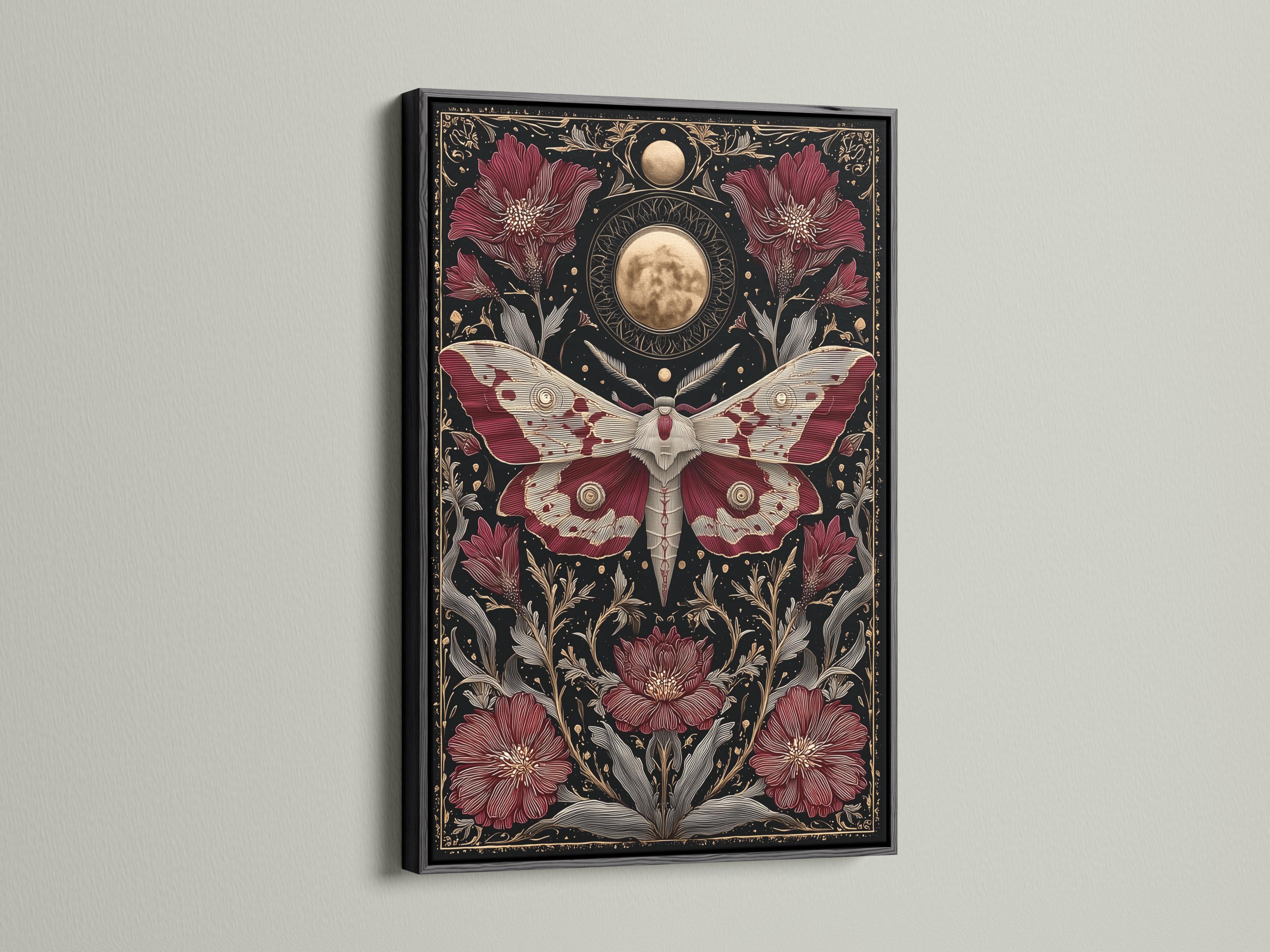 A dark, gothic-style moth illustration with burgundy wings and gold celestial moon motifs, surrounded by botanical florals on a near-black background