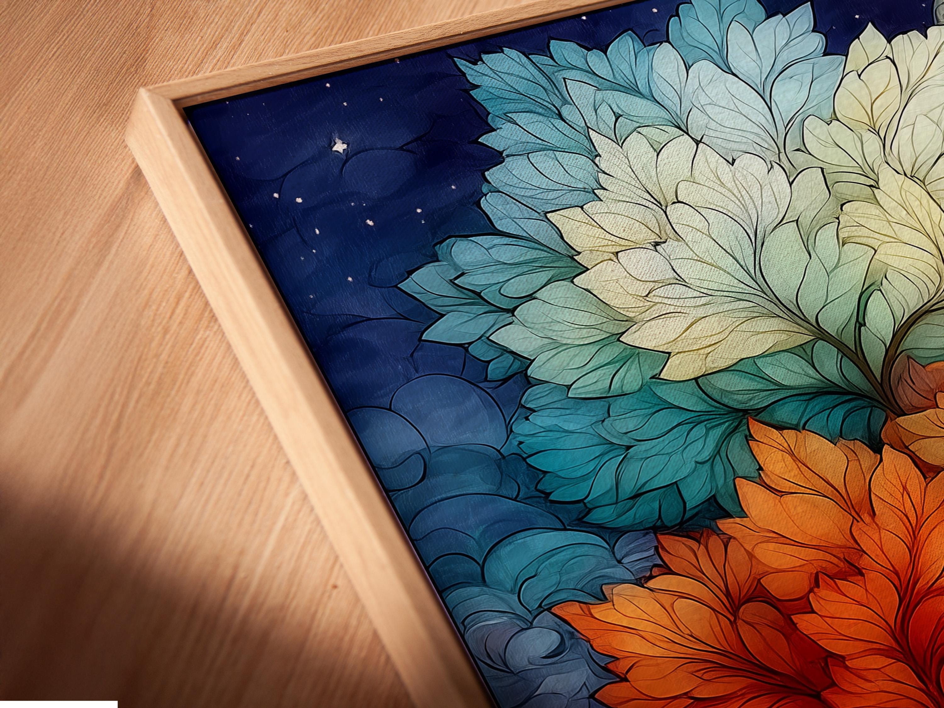 Fantasy tree artwork with colourful leaf clusters and a full moon on a deep blue night sky detail view