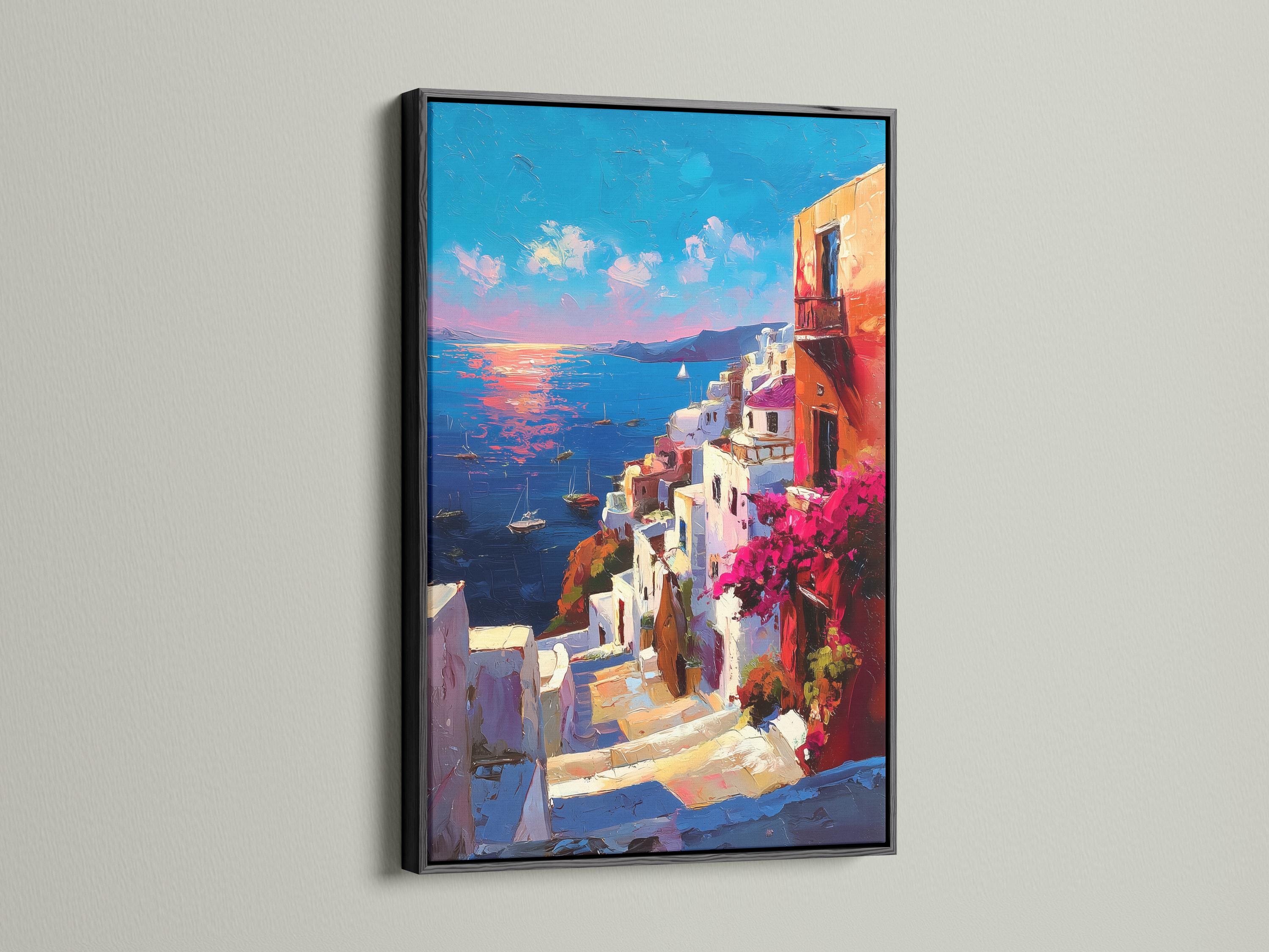 Painterly harbour village with turquoise sea, sailboats, white buildings and red-orange facade under a blue to pink sky detail view