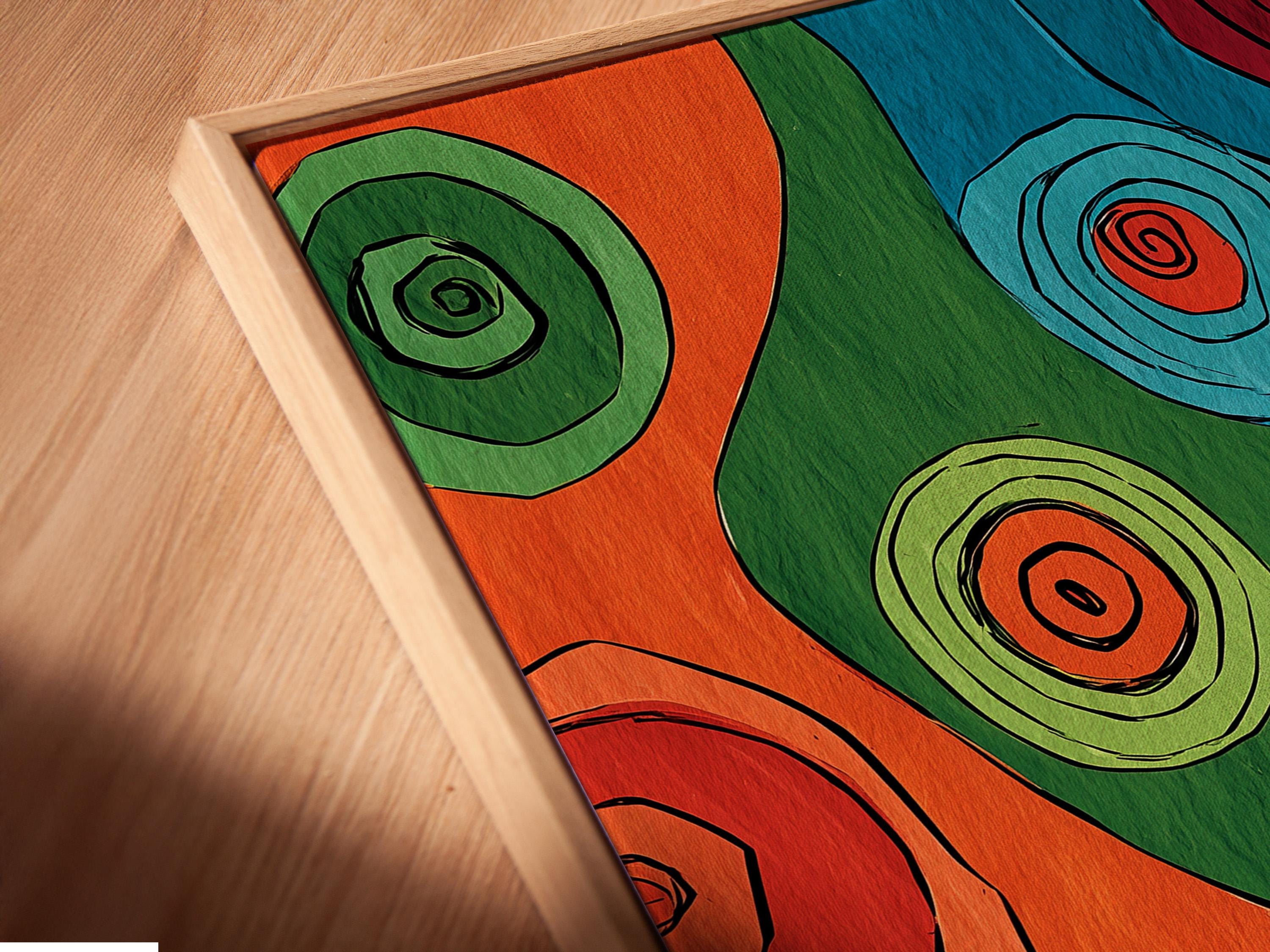Colourful abstract artwork with overlapping circles and concentric spiral swirls in orange, green, blue and red detail view