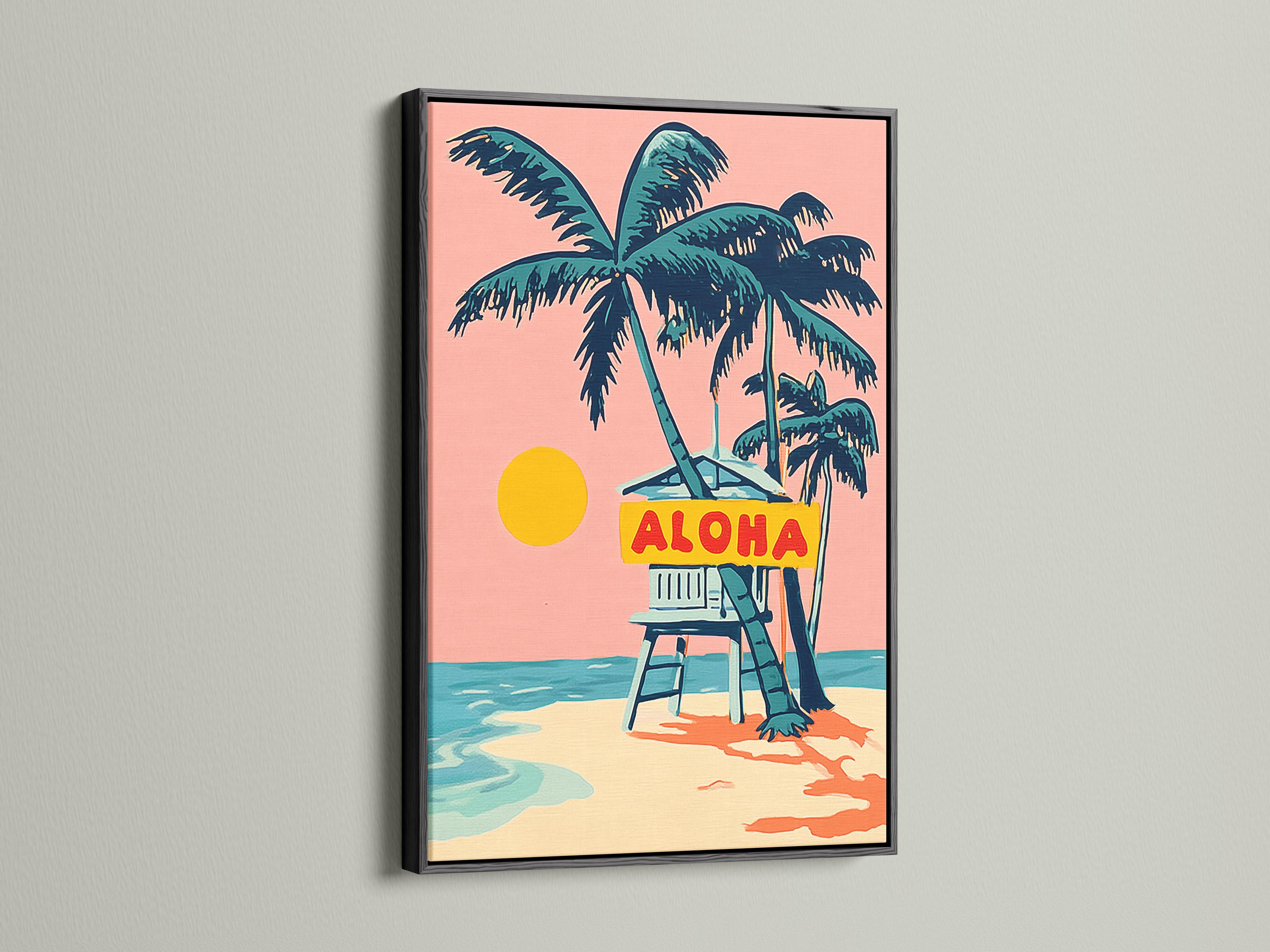 Retro tropical beach artwork with a palm tree, deck chair, ocean waves and ALOHA sign detail view