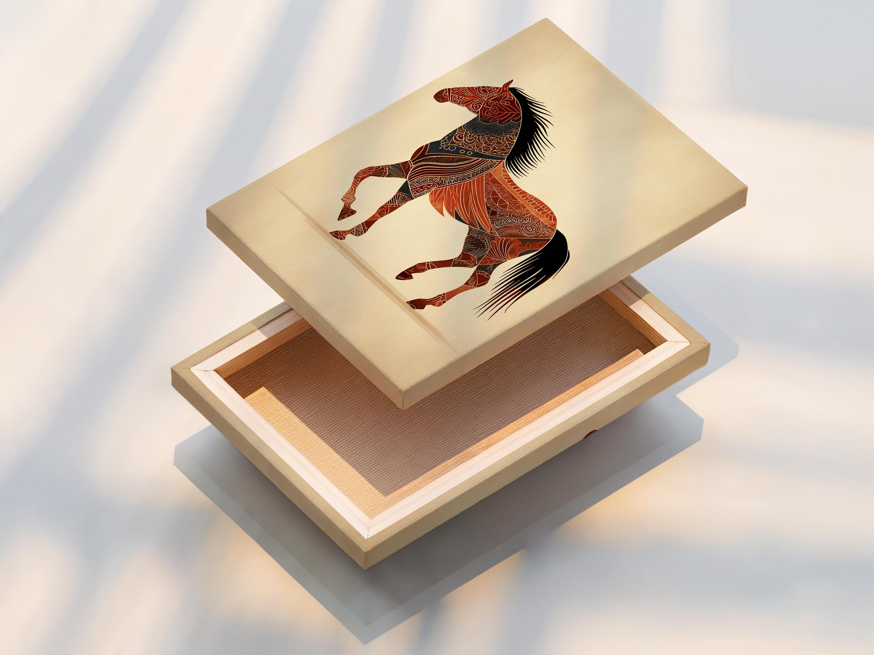 Stylised horse with ornate red-brown patterns, bold black mane and tail on a beige background detail view