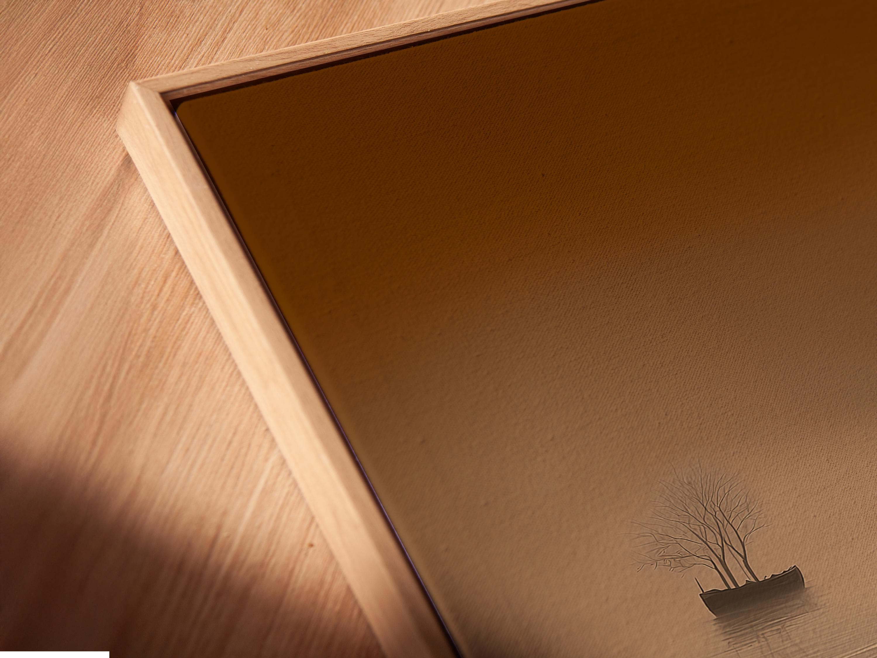 Warm brown and beige seascape with a lone walker on a rippled shoreline and a leafless tree on the horizon detail view