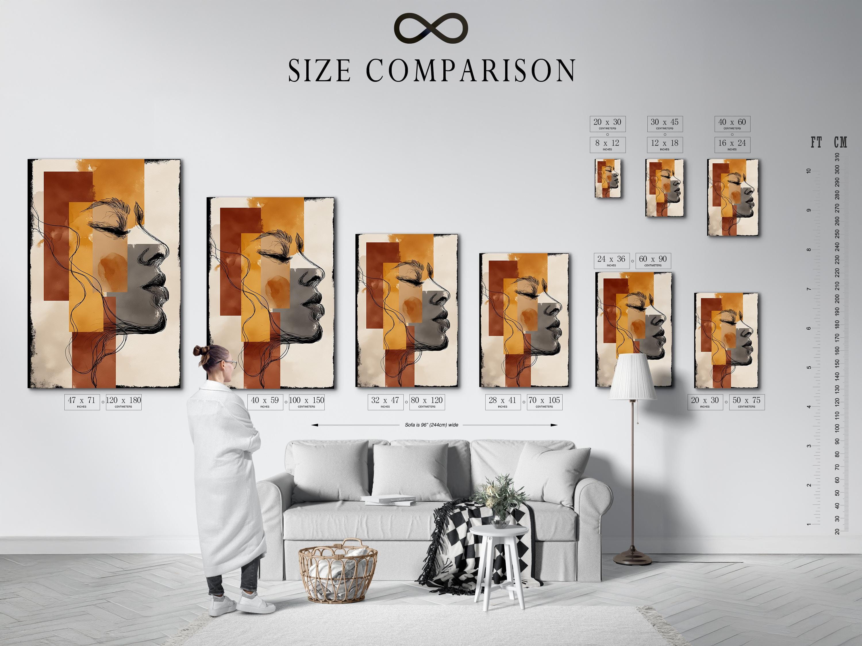Terracotta and beige abstract woman profile artwork displayed in a frame arrangement