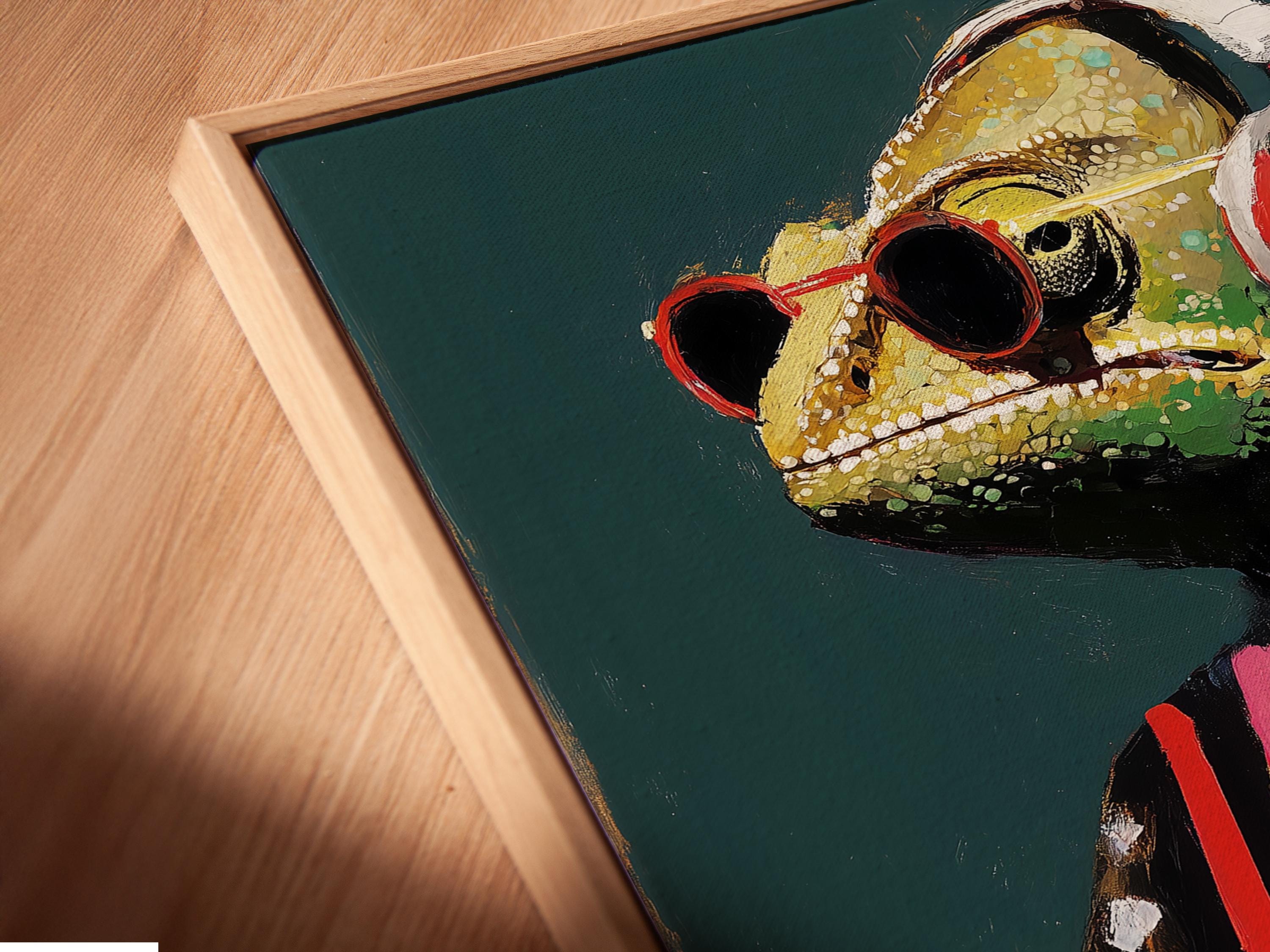 Stylised reptile character wearing oversized red headphones with vivid paint strokes detail view