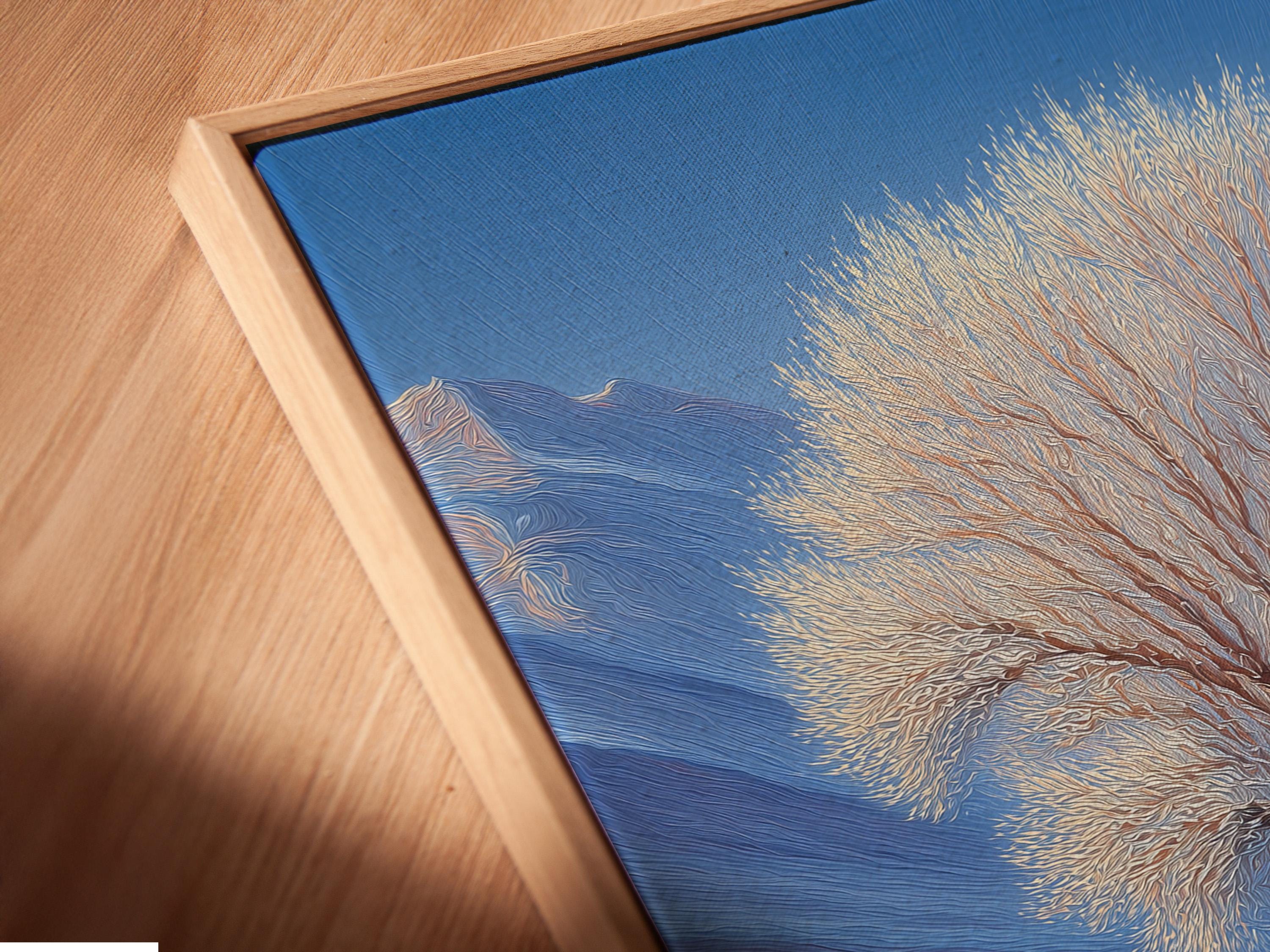 Lone leafless tree in a blue winter landscape with snowy hills and a warm orange horizon glow detail view
