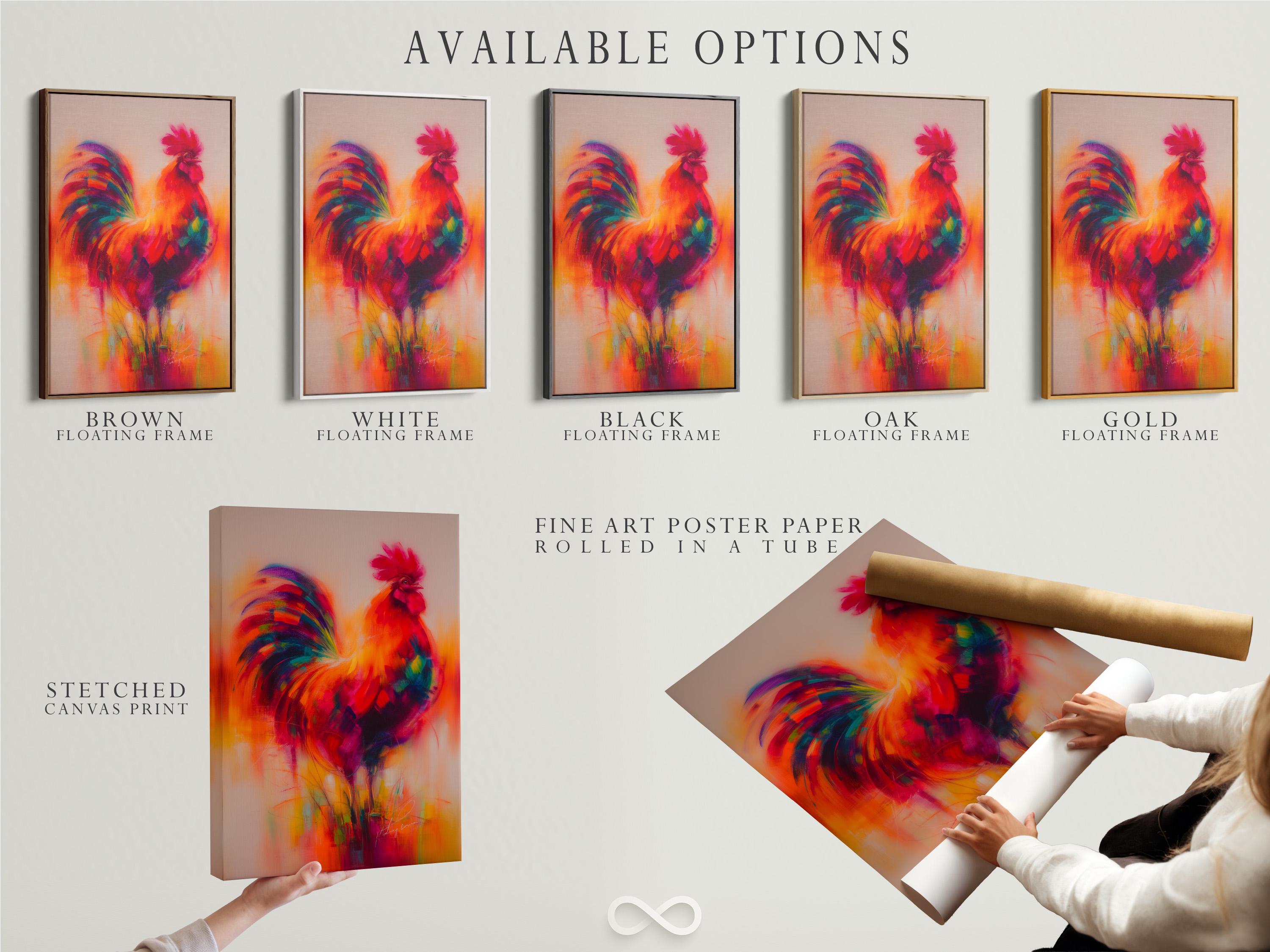 A framed rooster wall artwork in warm orange, pink, and purple colours on a white background