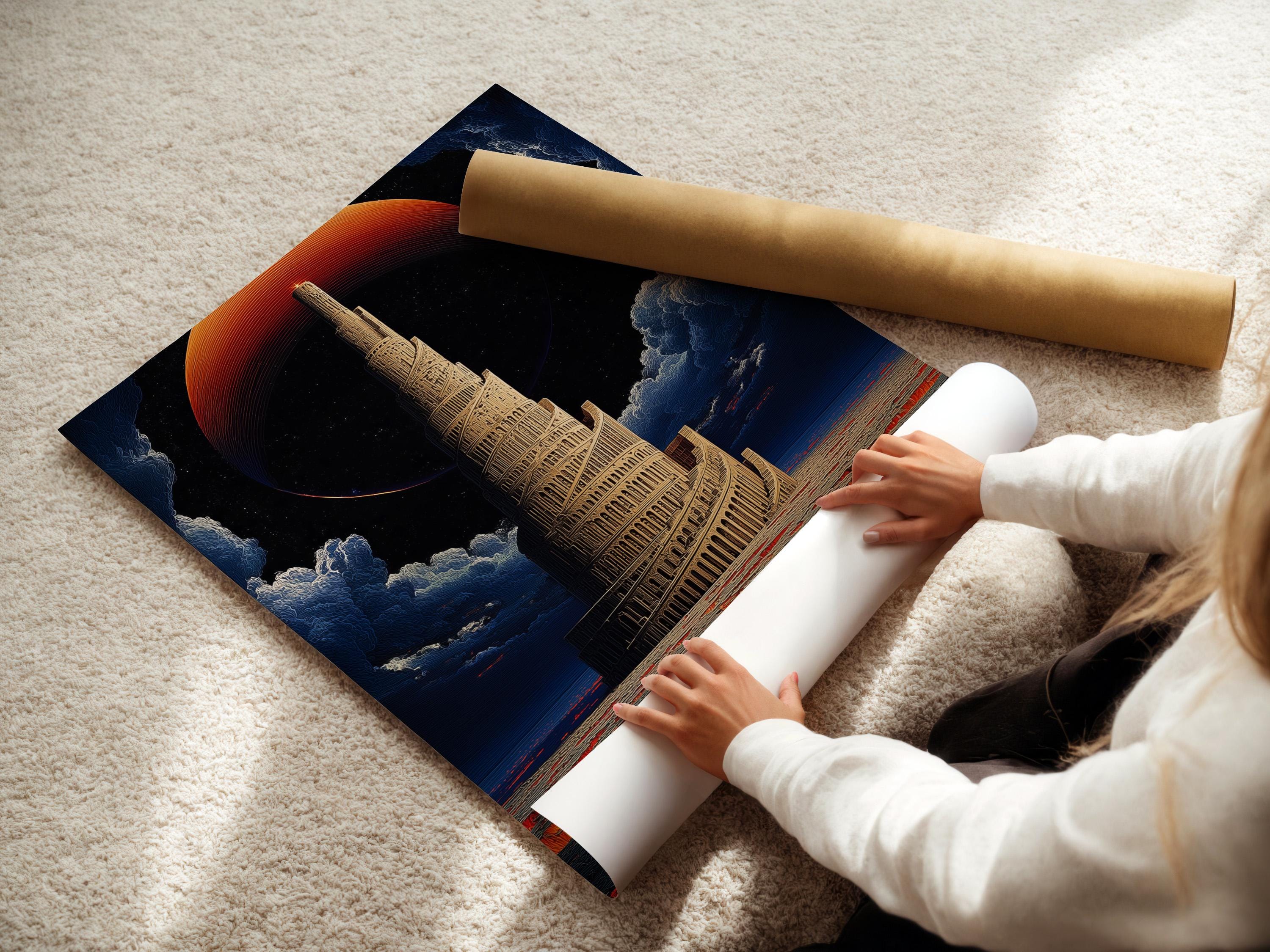 Surreal tall tower artwork with a red-orange sun, clouds, and a lava-like landscape detail view