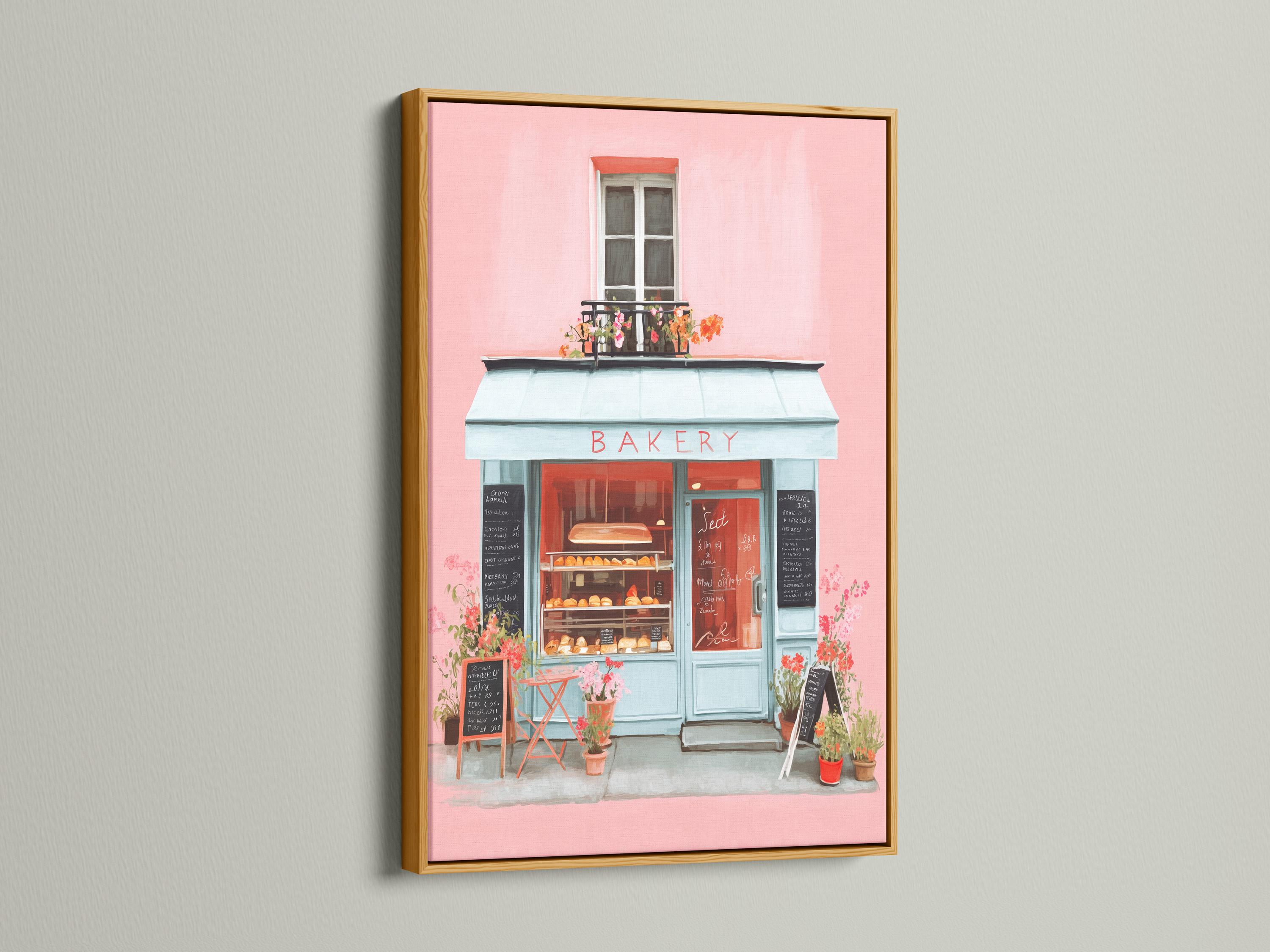 Room mockup showing a framed pastel bakery shopfront illustration