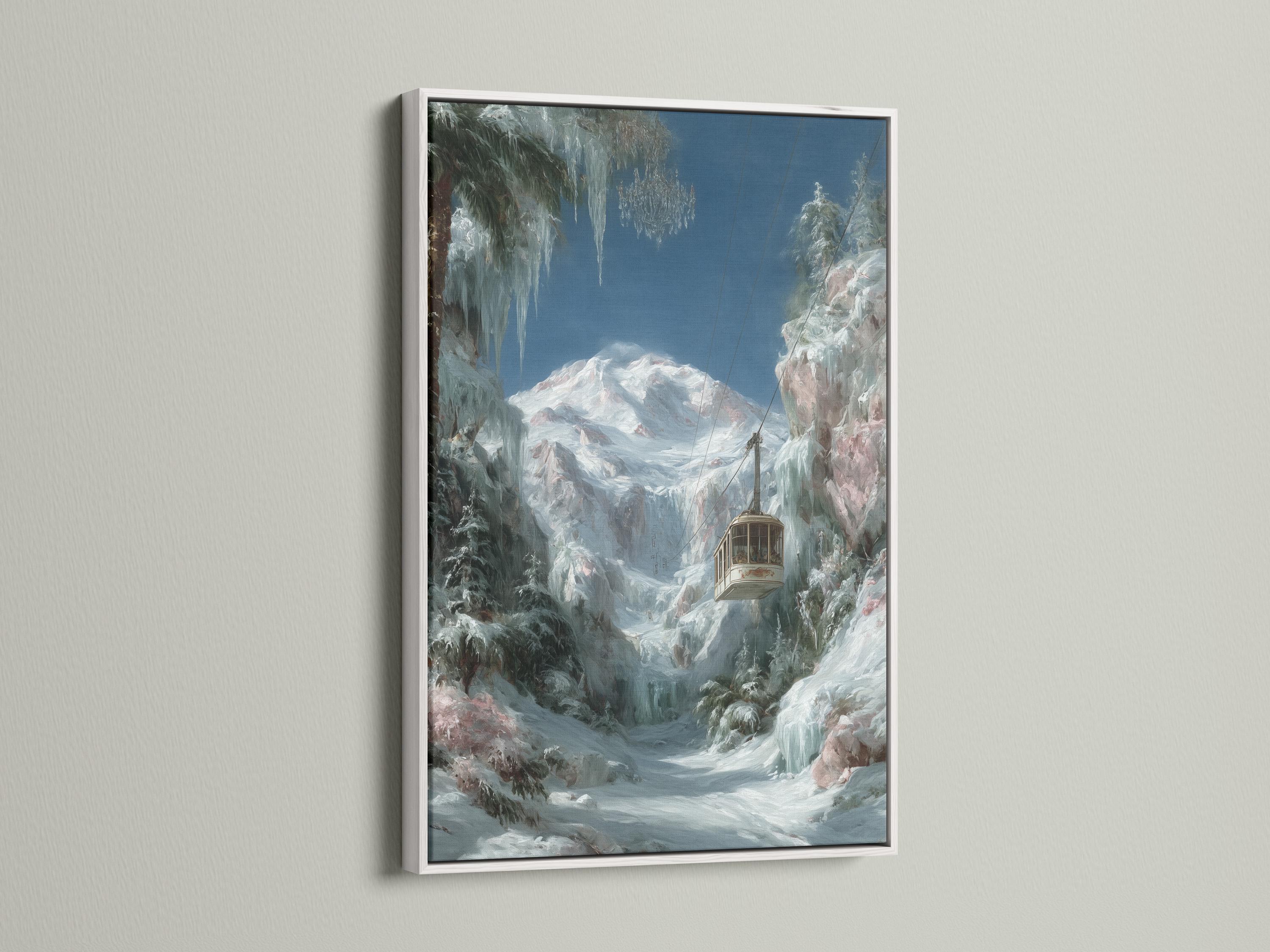 Wall mockup showing a framed snowy mountain cable car artwork on a light background