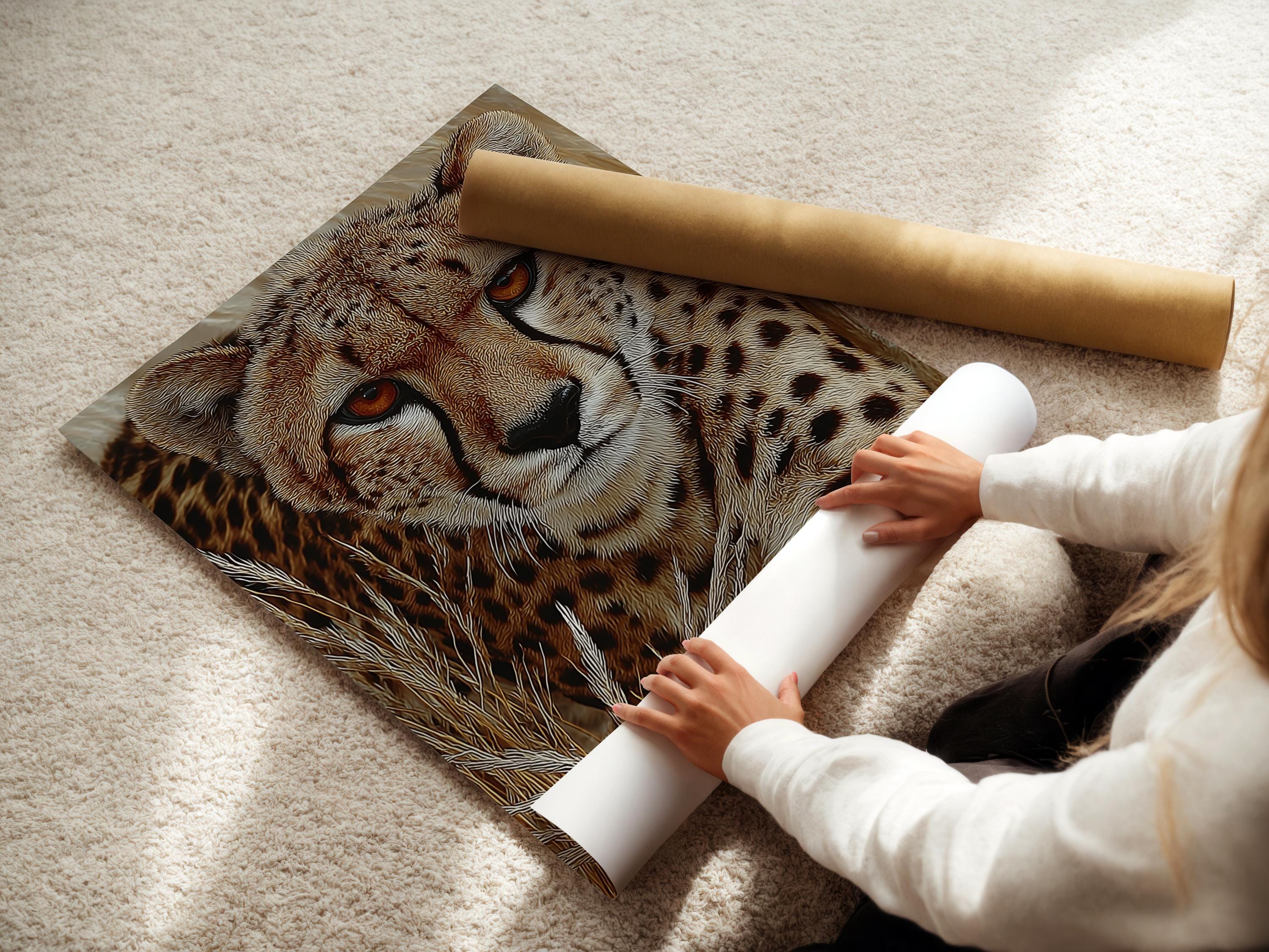 Textured cheetah portrait with amber eyes in warm brown and beige tones detail view