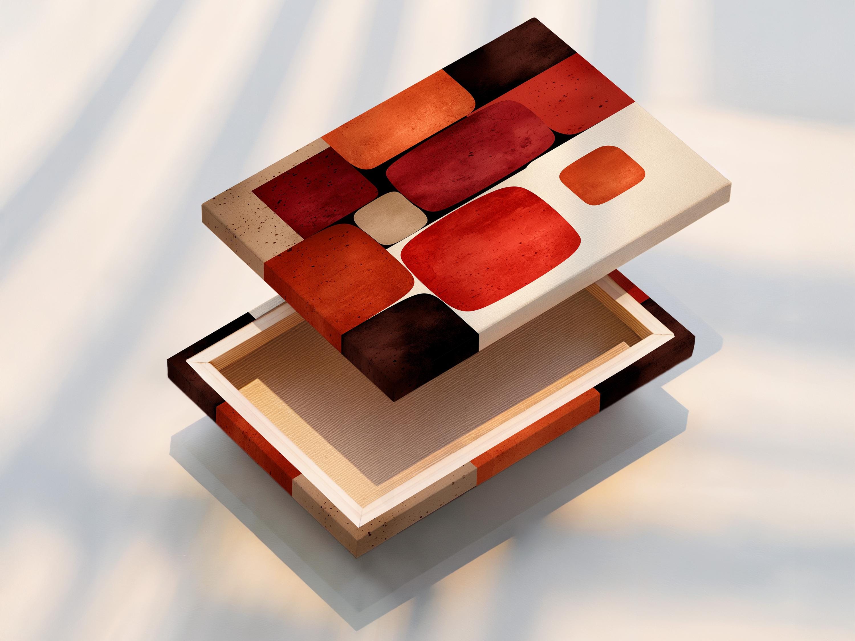 Abstract geometric artwork with rounded rectangles in burnt sienna, terracotta, deep red and cream detail view
