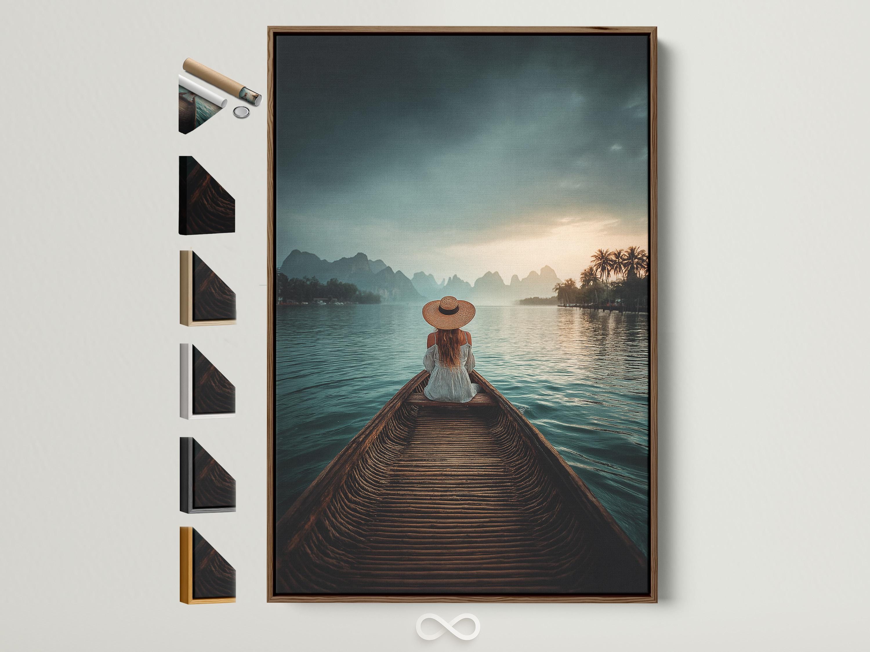 Woman in straw hat sits on a boat facing calm teal water, mountains and a warm sunrise sky