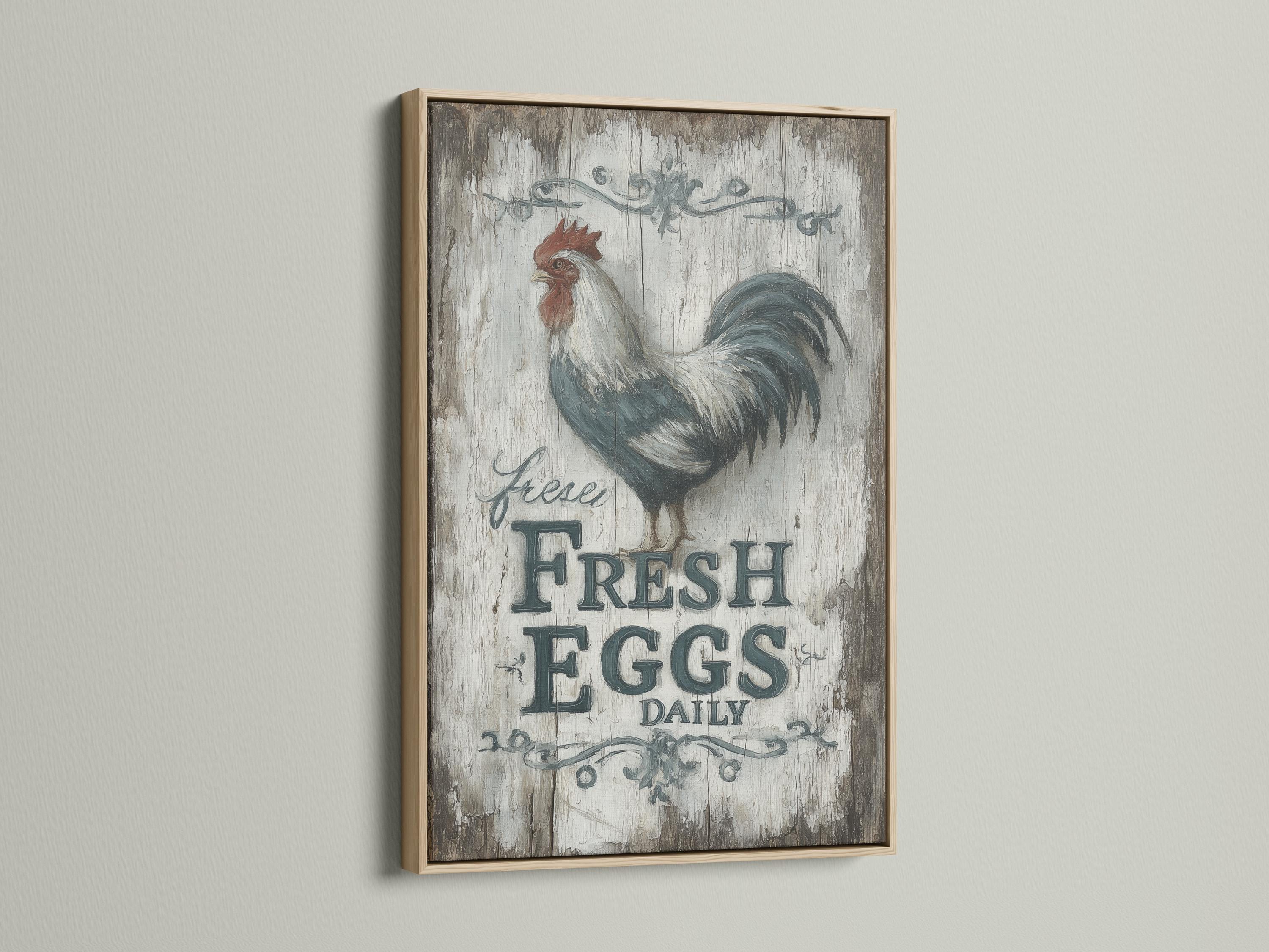 Rooster illustration above distressed text reading “FRESH EGGS DAILY” on a cracked grey background detail view