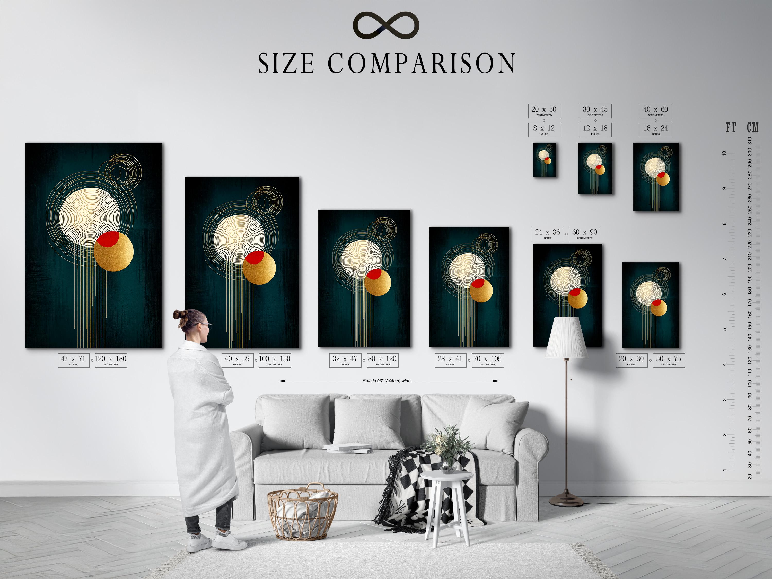 A teal abstract background features intersecting golden line circles, a red circle accent, and a gold disc with draping vertical lines detail view