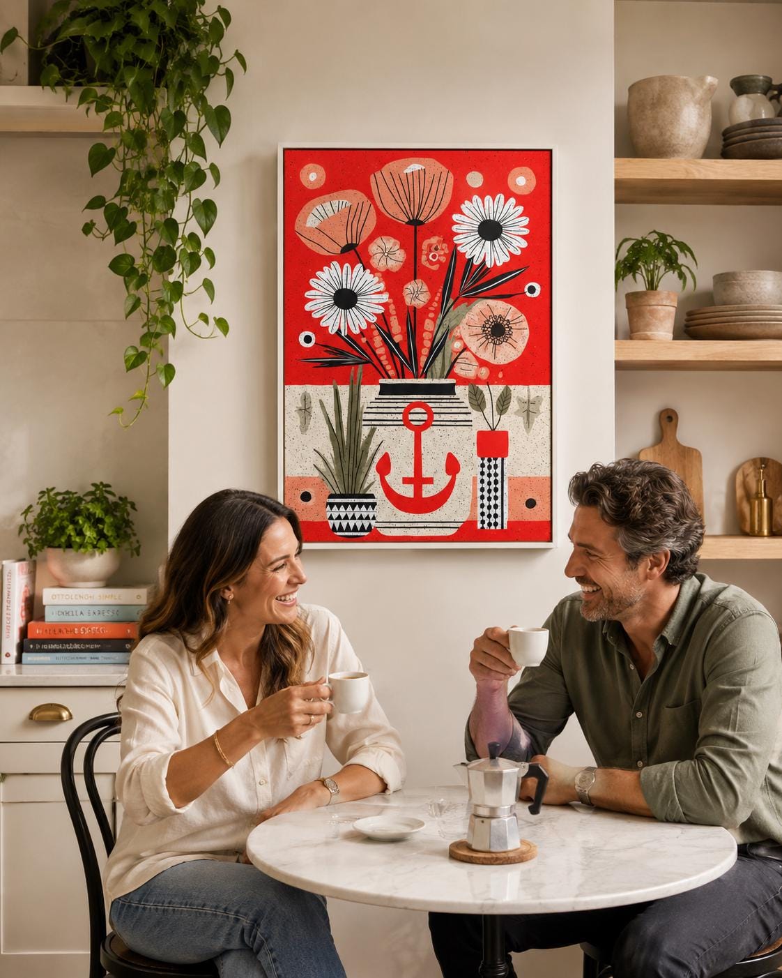 Woman looking at red anchor floral artwork in a modern room