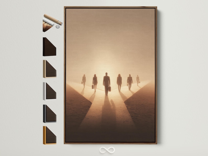 A sepia-toned scene shows a group of business silhouettes walking down a narrowing path with long shadows and a glowing haze