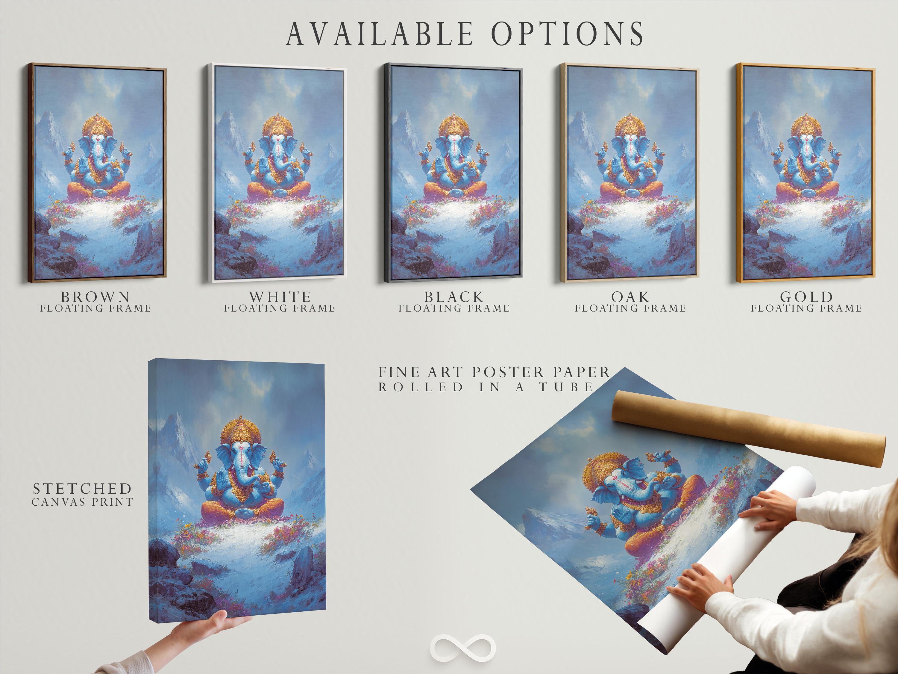 Framed artwork mockup showing a blue elephant-headed deity figure seated in meditation in a misty mountain scene