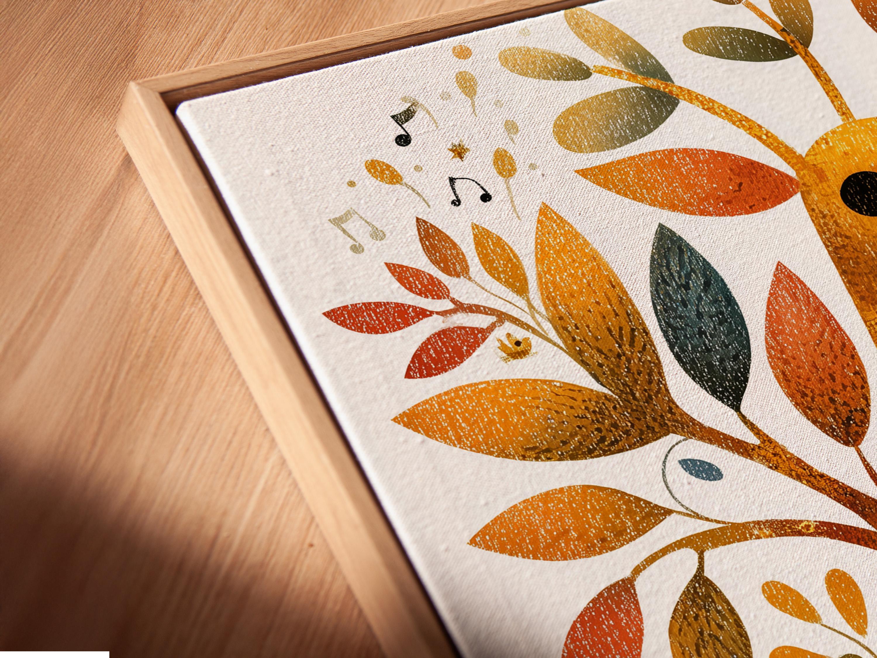 Framed giraffe and tree illustration with gold, orange and teal leaves plus music notes detail view