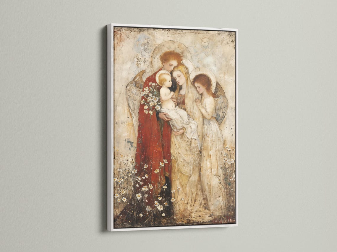 Room mockup featuring a framed religious artwork of Madonna holding a baby with winged angels