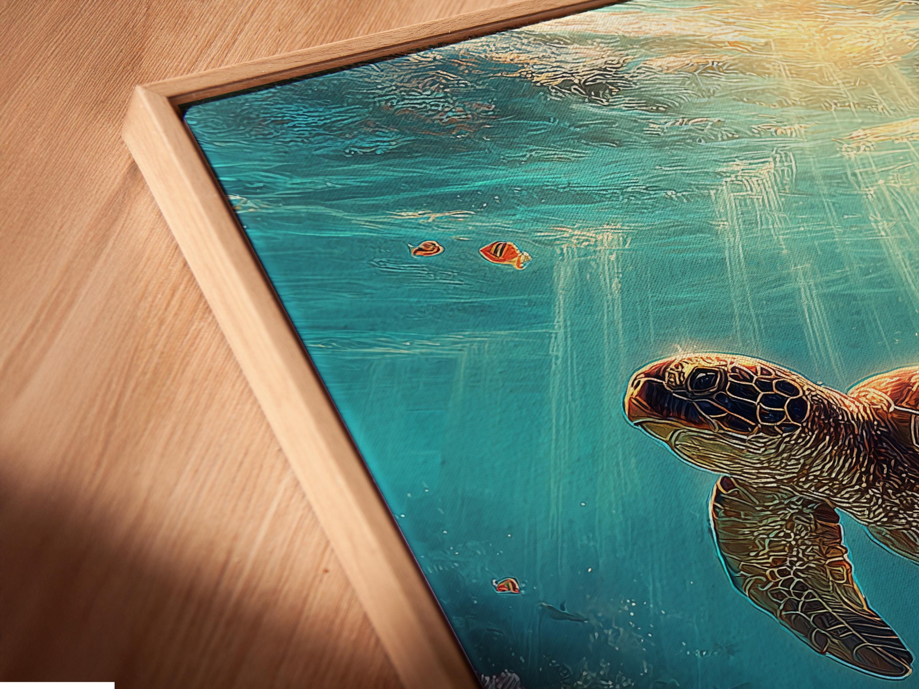 Underwater ocean scene with a swimming sea turtle and coral reef below detail view