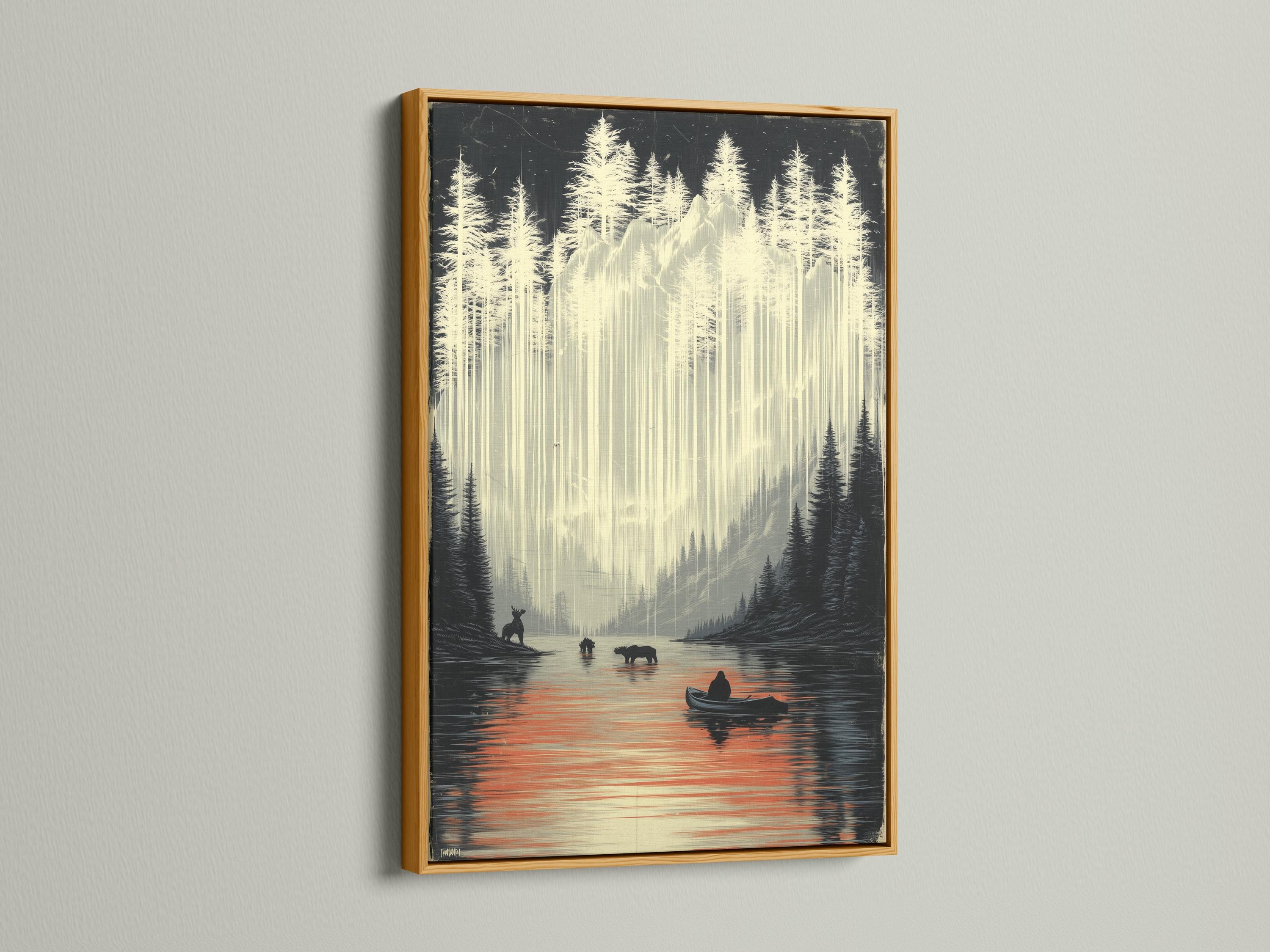 Room mockup showing a framed misty lake wildlife landscape artwork