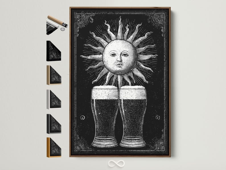 Black and white sun face with radiating rays above two mirrored beer mugs