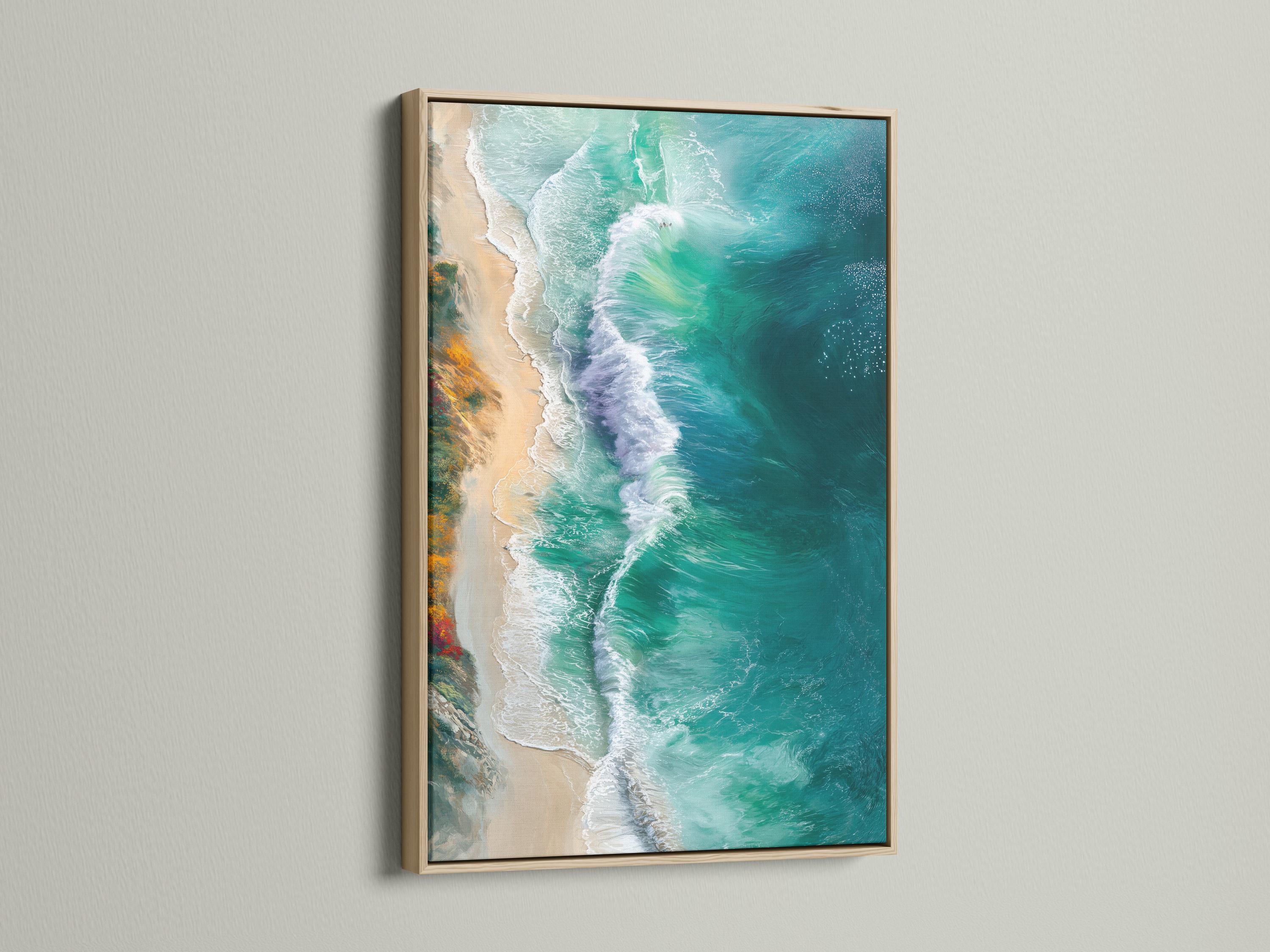 Room mockup showing framed ocean waves artwork in teal and turquoise tones