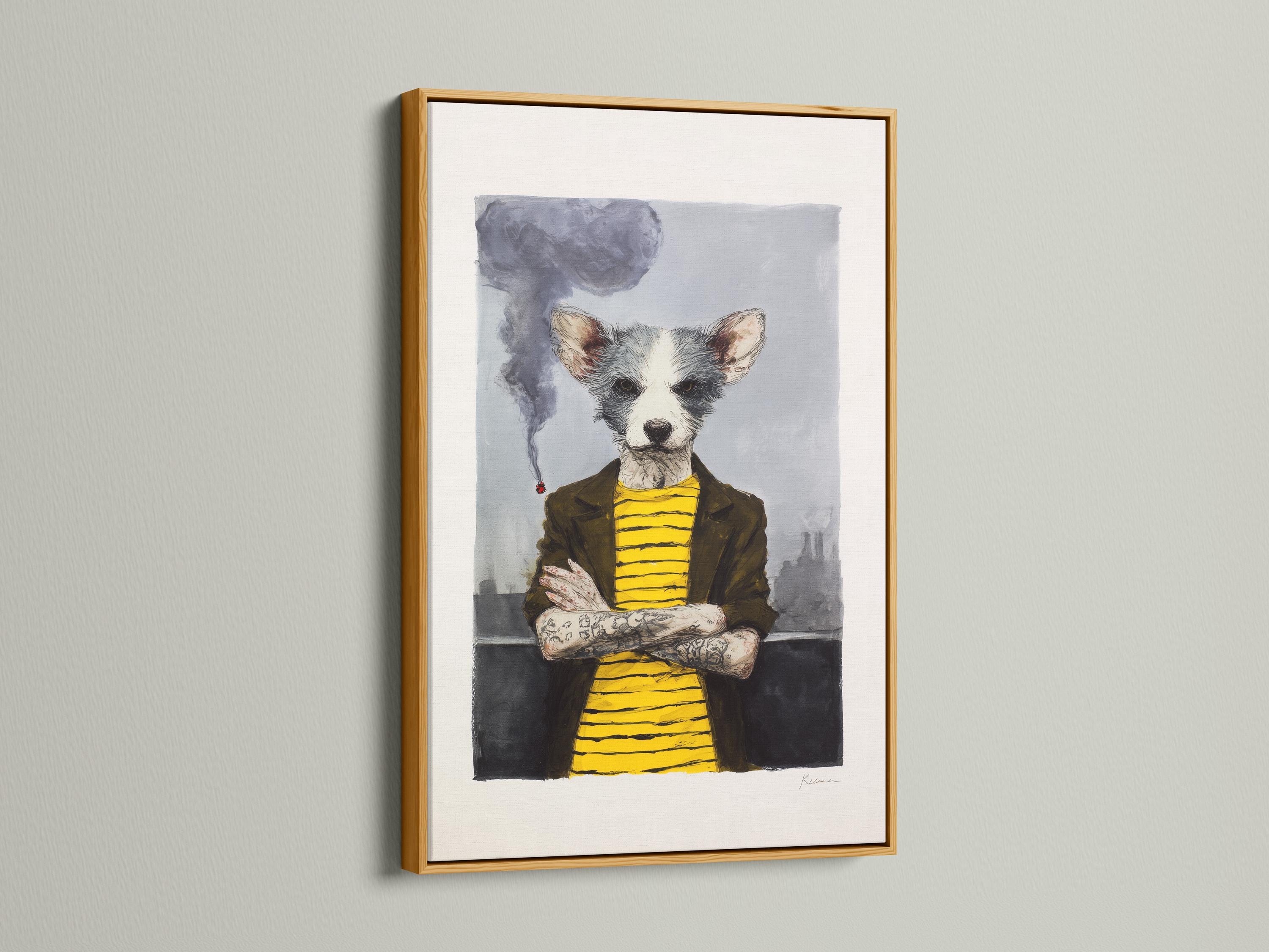 Stylised dog portrait with grey smoke and a bright yellow striped top, seated and facing forward detail view