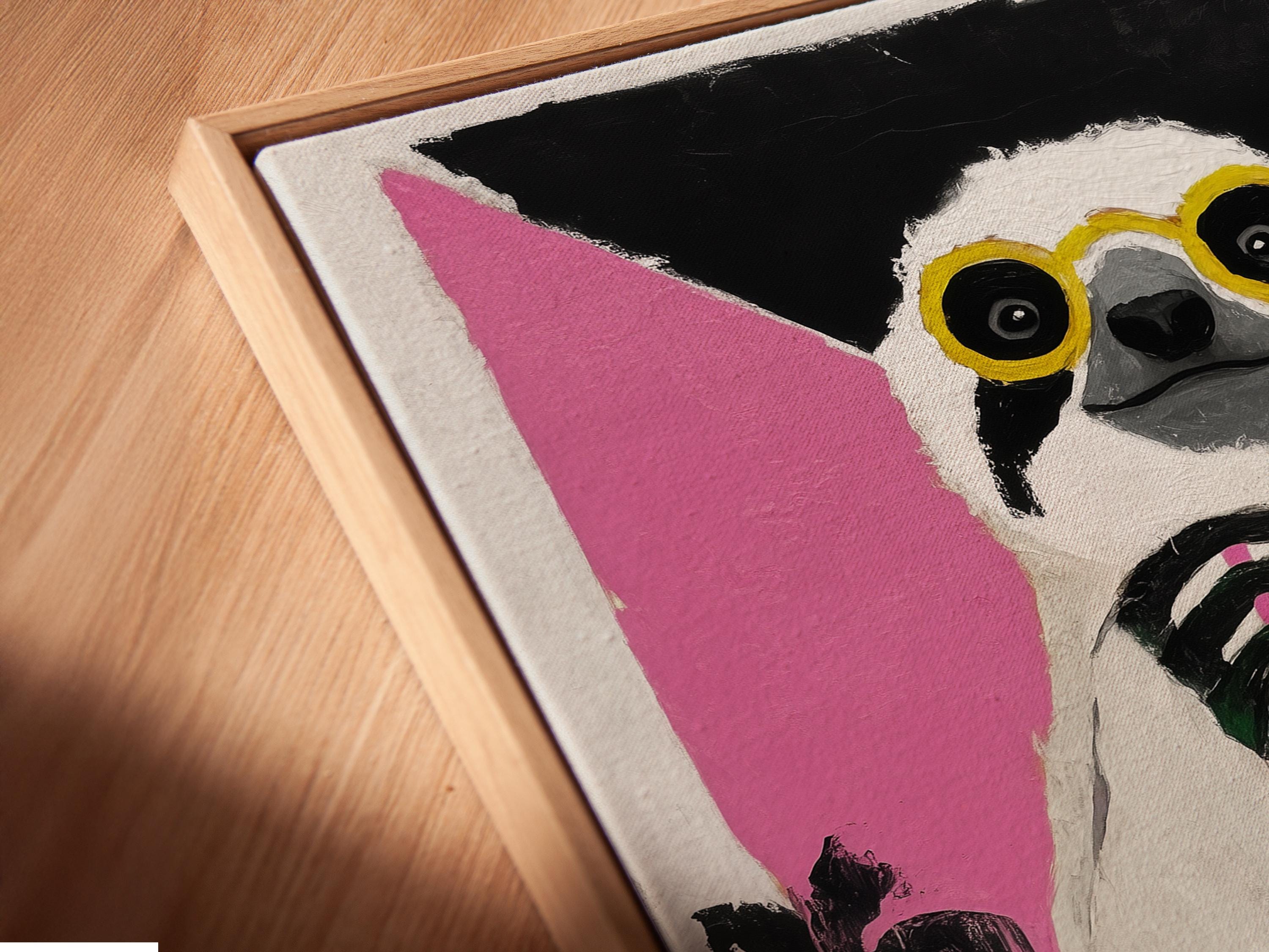 Sloth wearing yellow glasses holding a tropical drink with an orange slice against pink and blue blocks detail view