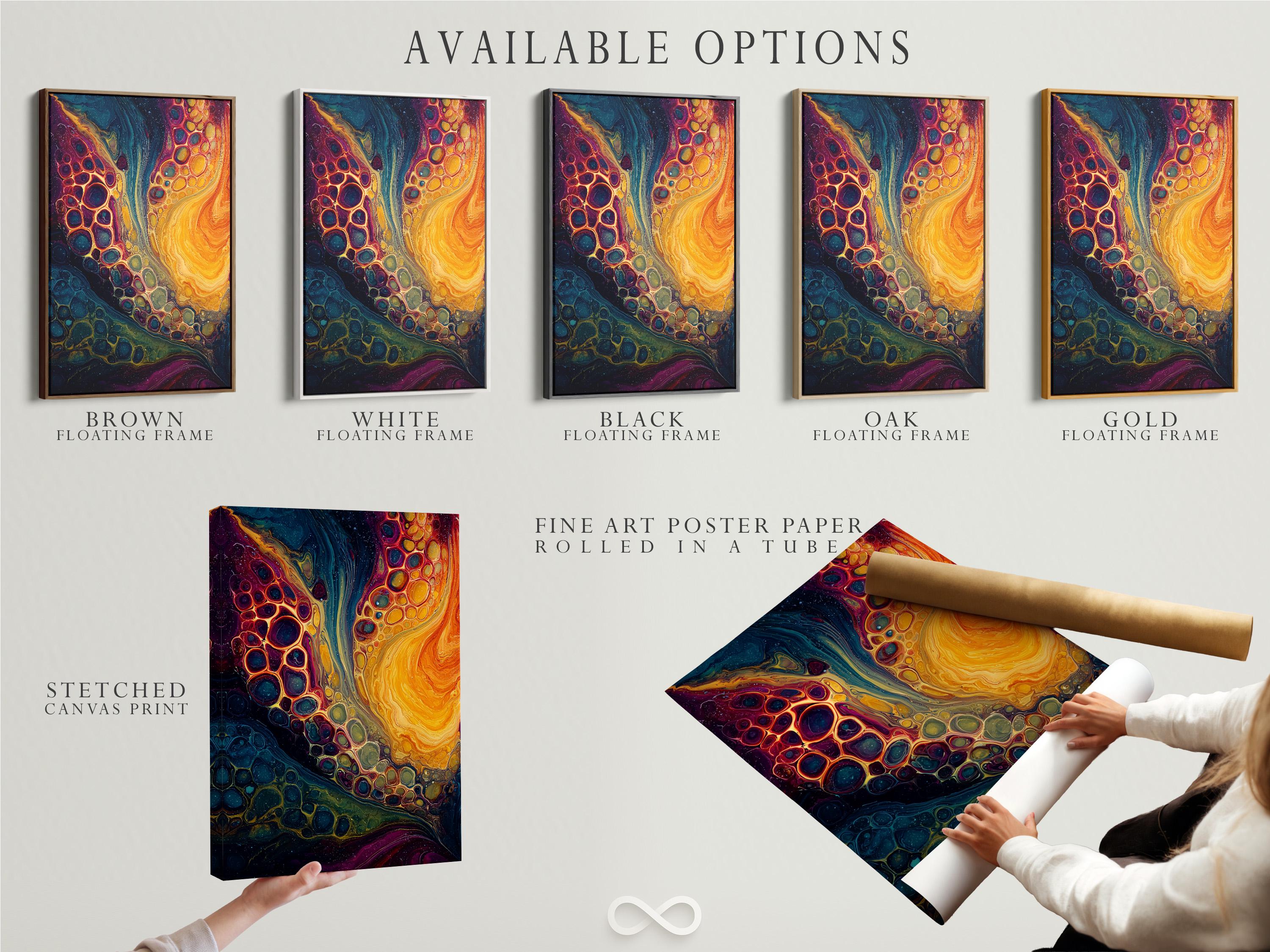 Vivid fluid abstract painting with teal and orange gold tones and bubble-like cells detail view