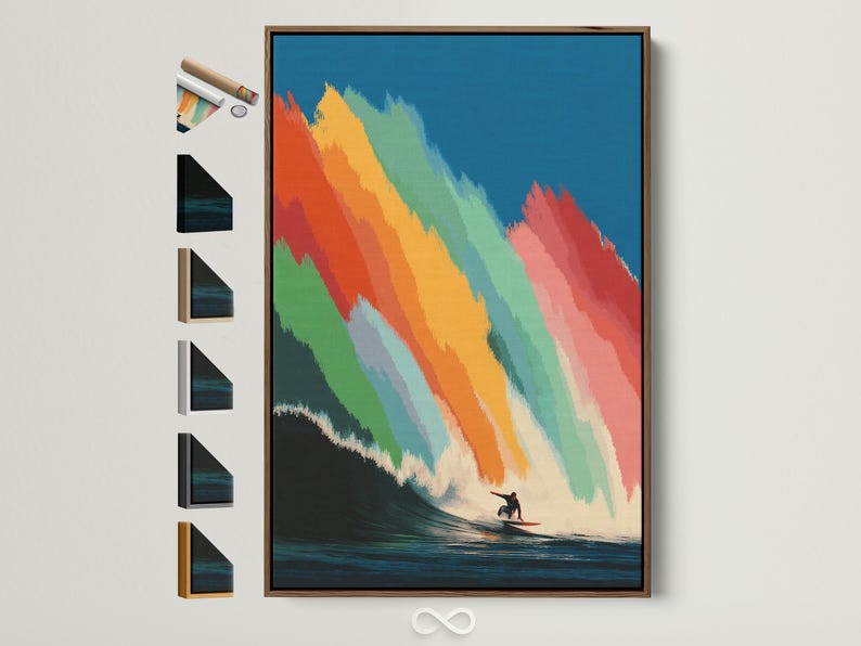 Rainbow-striped ocean wave with a surfer silhouette riding near the bottom right
