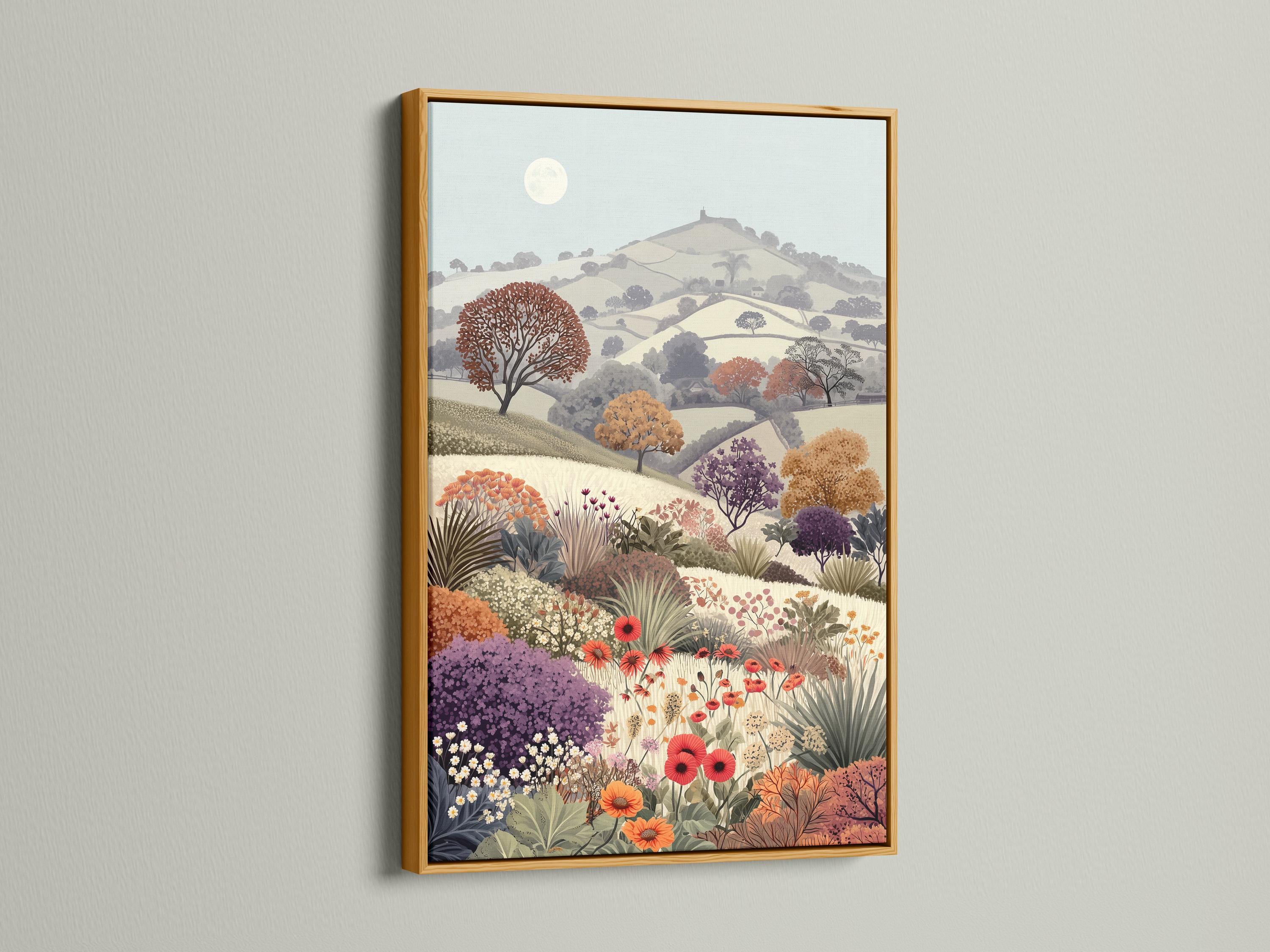 Portrait countryside landscape with rolling hills, a pale sun, and a dense meadow of colourful flowers detail view