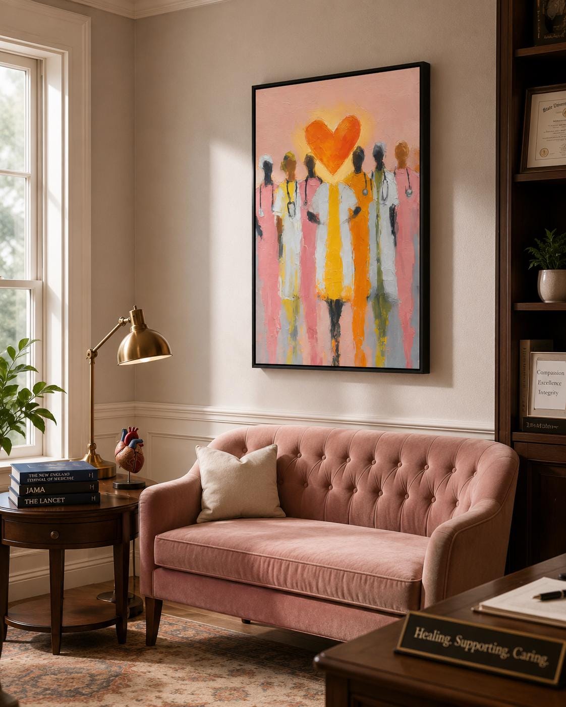 Orange heart above stylised healthcare worker figures on a pink painterly background detail view