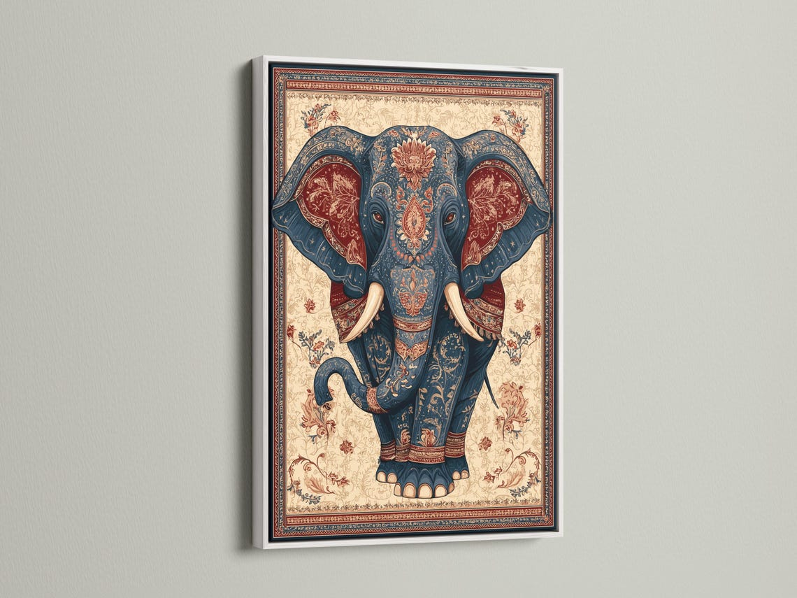 Elephant portrait illustration in deep blue with beige tusks, framed by ornate floral border patterns detail view