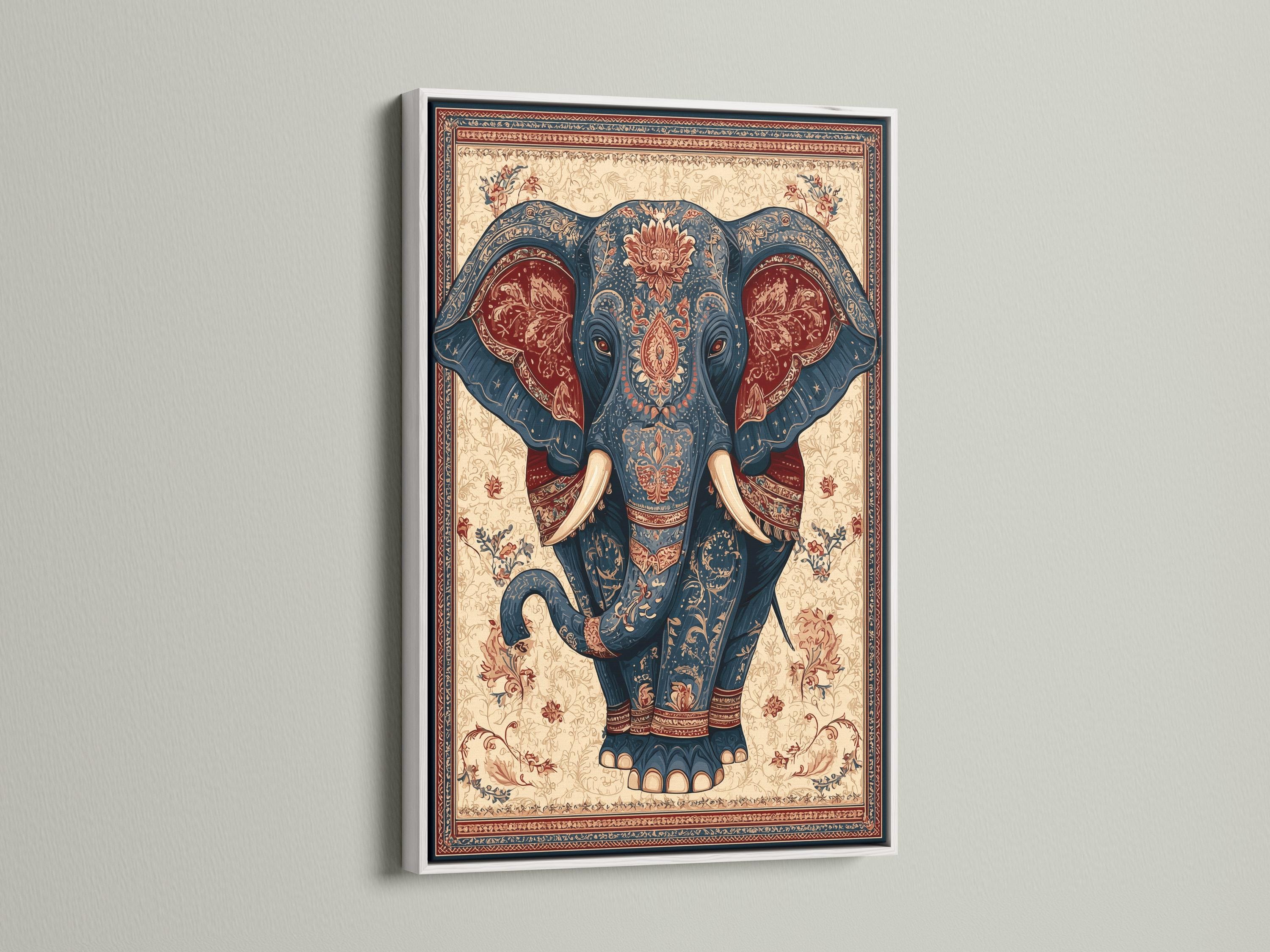 Elephant portrait illustration in deep blue with beige tusks, framed by ornate floral border patterns detail view