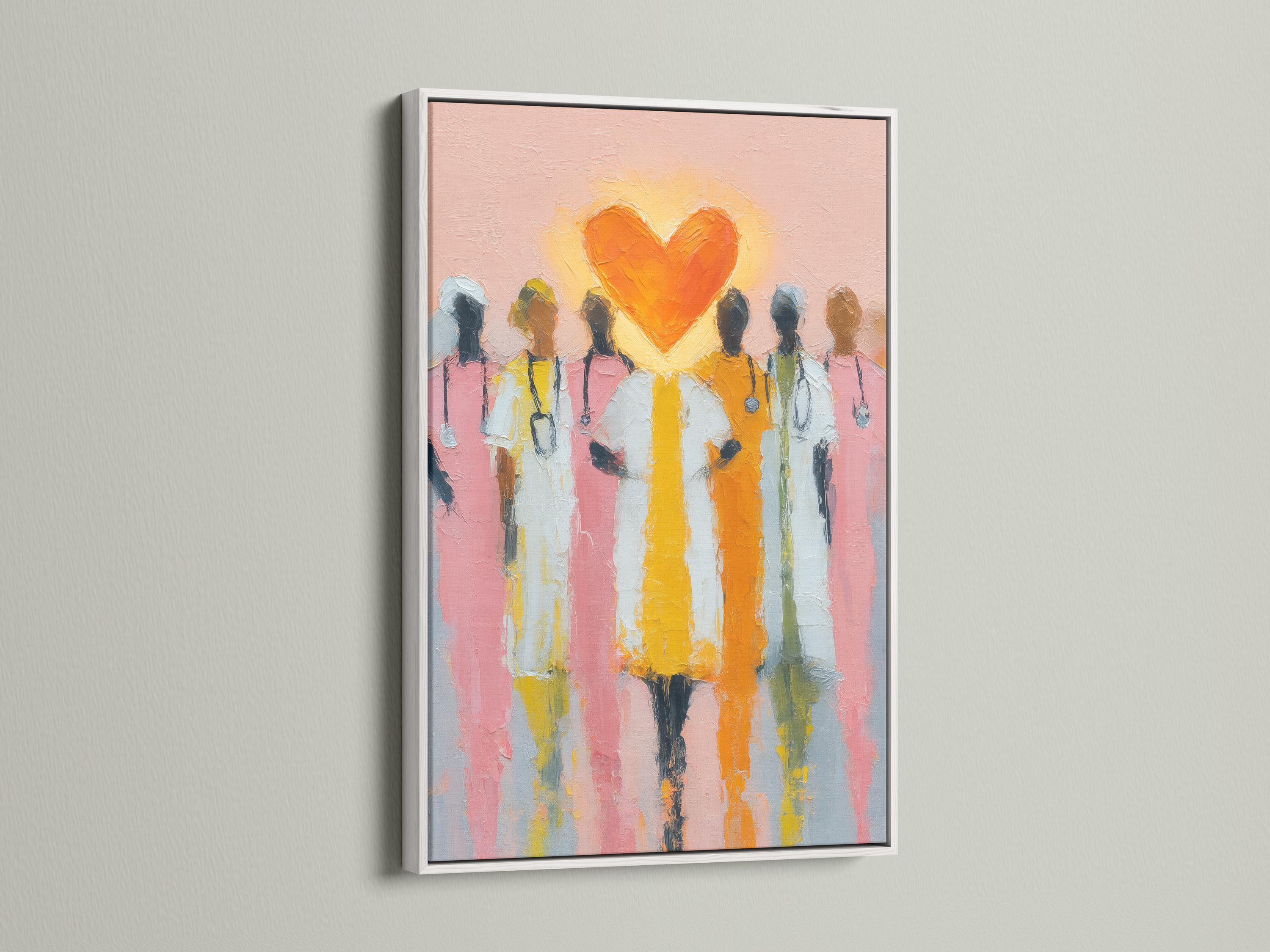 Orange heart above stylised healthcare worker figures on a pink painterly background detail view
