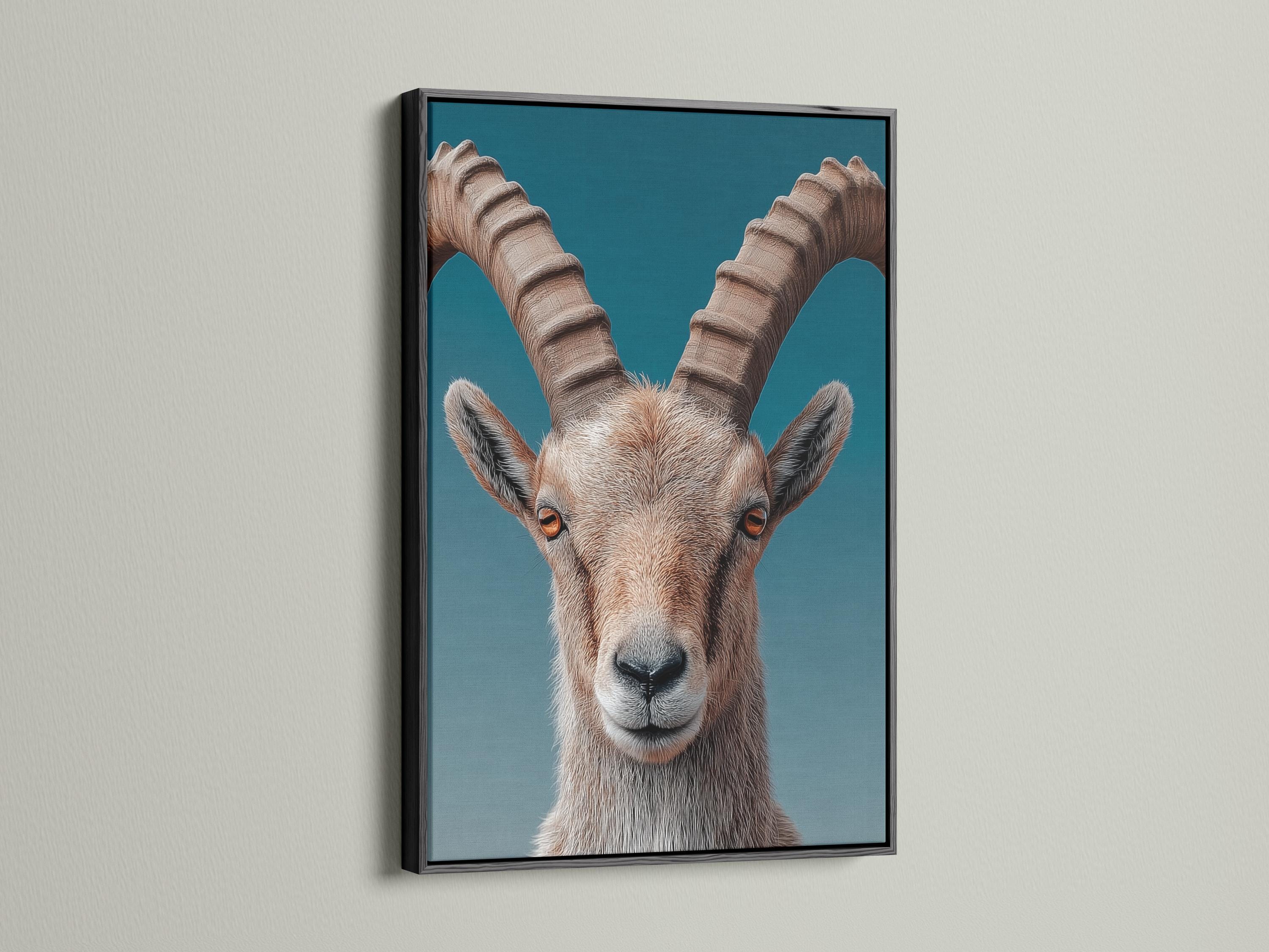 Portrait of an ibex with curved horns on a teal background detail view
