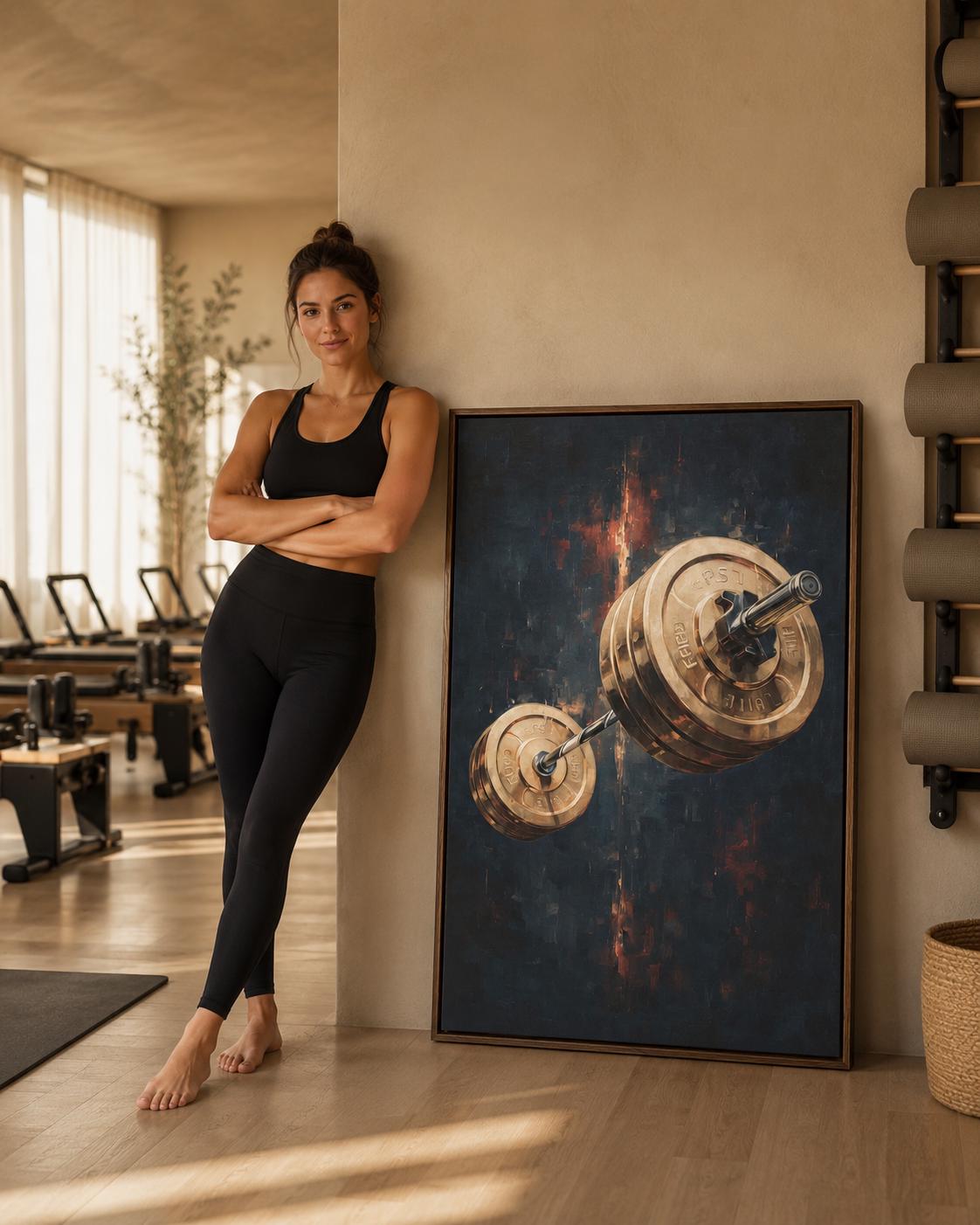 A man standing near a framed gold barbell artwork in a gym-like interior