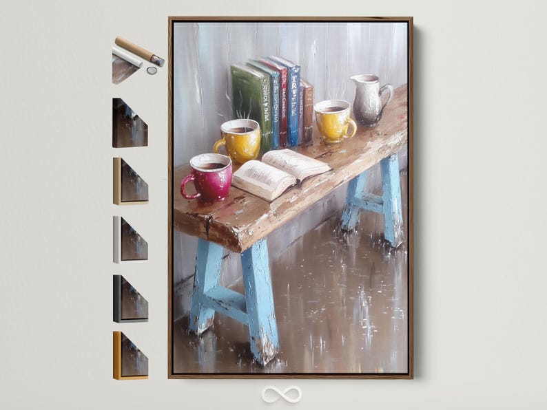 Painterly still life showing books and coffee mugs with warm highlights on a textured grey-blue background