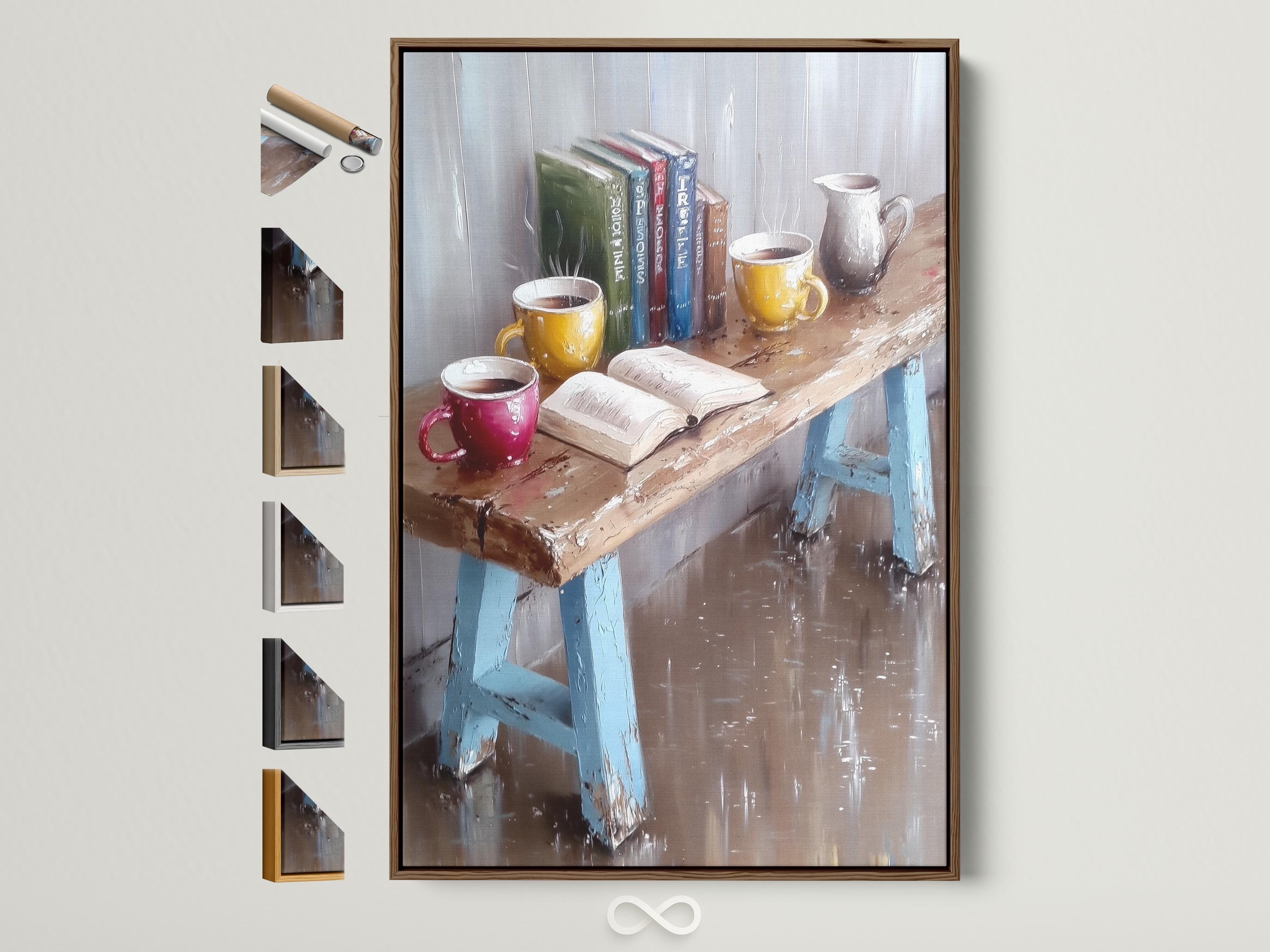 Painterly still life showing books and coffee mugs with warm highlights on a textured grey-blue background