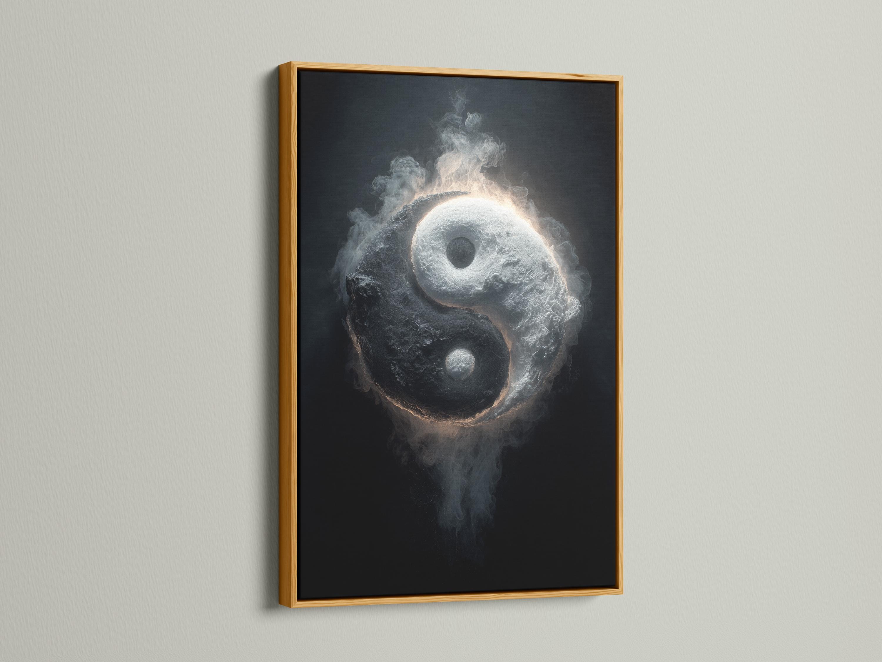 Monochrome yin yang symbol with smoky swirling texture and a glowing rim on a dark background detail view
