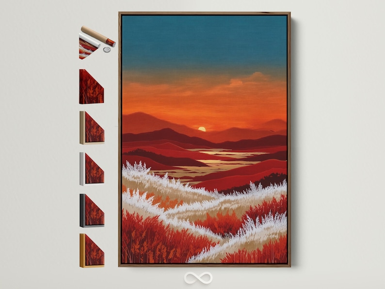 A stylised mountain sunset landscape shows layered ridgelines beneath a teal-blue sky and warm orange horizon, with bright white grass bands and red