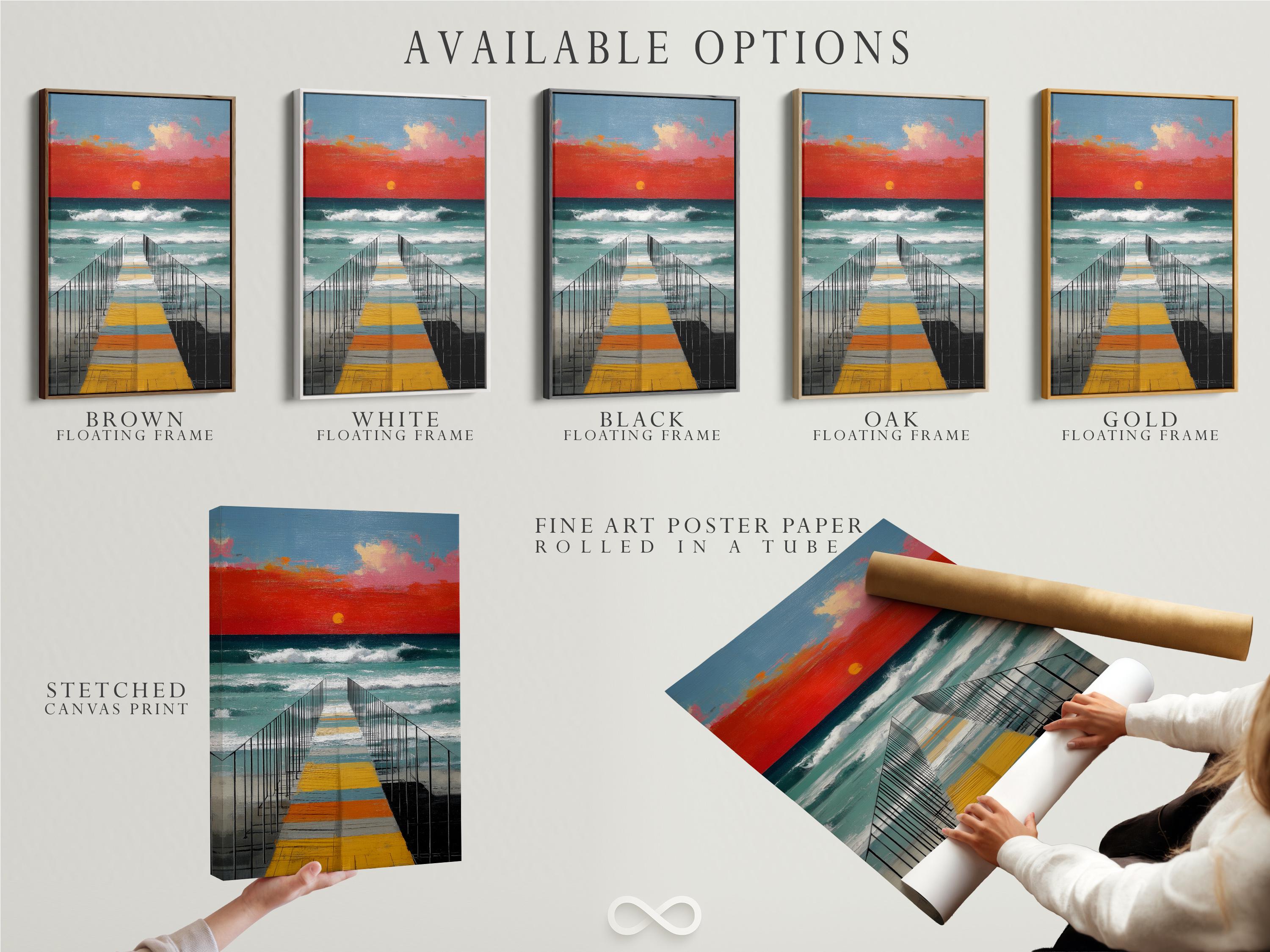 Sunset pier seascape wall art mockup on a light background with framed versions shown
