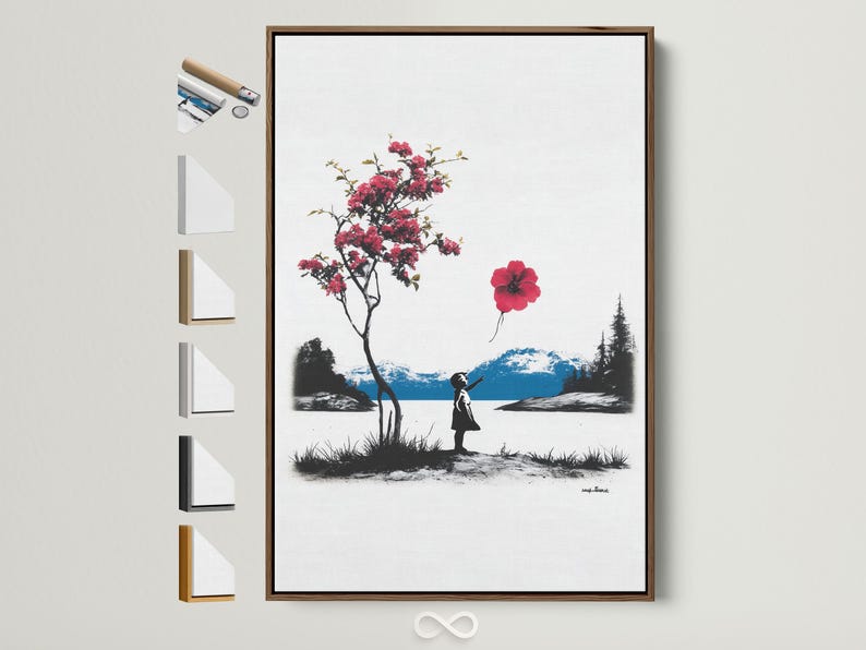 Black-and-white landscape with a silhouetted girl holding a red balloon and a flowering tree